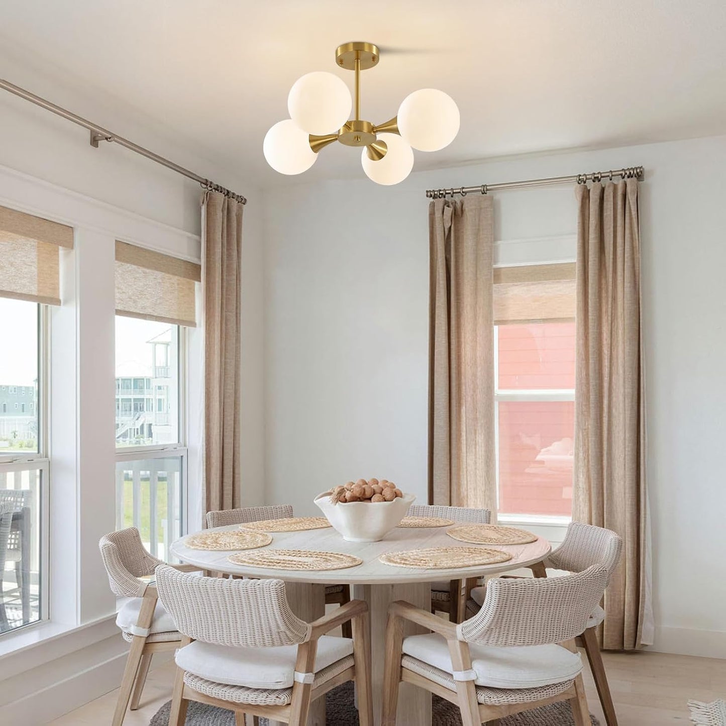 KCO Lighting Modern Globe Ceiling Light Gold Semi Flush Mount Sputnik Chandelier Mid Century Frosted Glass Ceiling Lamp for Living Room Dining Room Bedroom (4-Light)