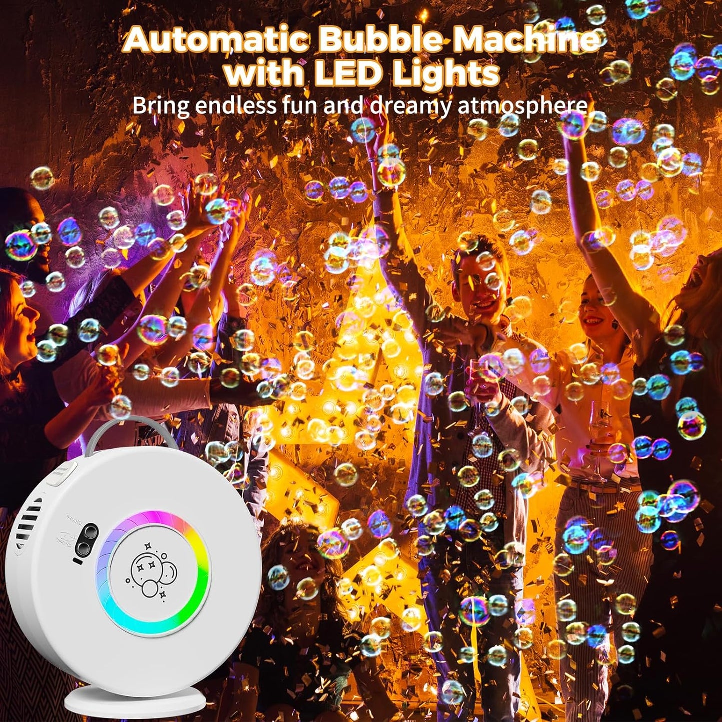 Bubble Machine Automatic LED Lights Bubble Blower for Kids Rechargeable Portable Bubble Maker Auto Rotating 90°/360° Outdoor Birthday Party Wedding (Led White)