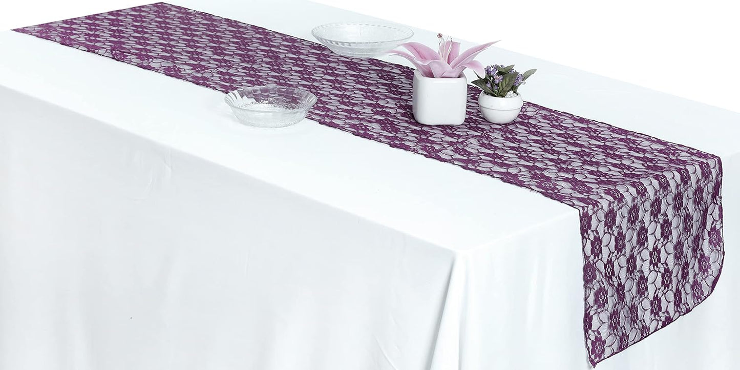 MDS Pack of 25Wedding 12 x 108 inches Lace Table Runner for Wedding, Decorations for Birthday Parties, Banquets, Graduations, Engagements, and Runners fit Rectangle, Round Table- Plum