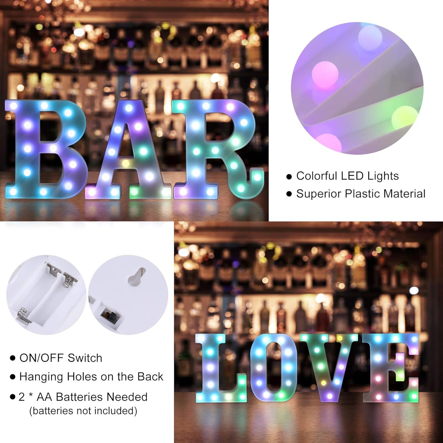 Foaky Colorful LED Letter Lights with Remote,Marquee Light Up Letters Sign for Night Light Wedding/Birthday Party Battery Powered Christmas Lamp Home Bar Decoration(W)