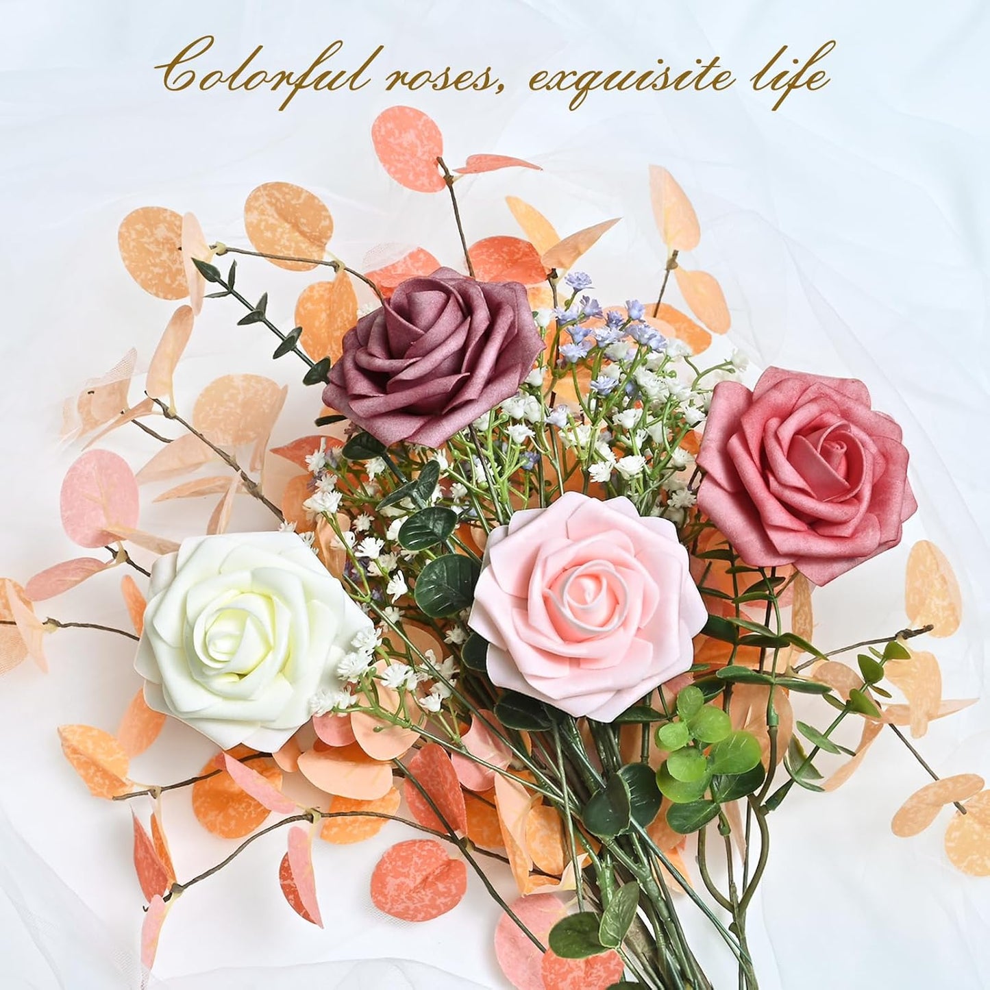 BLEUM CADE 36Pcs Artificial Flowers Fake Roses with Stems, Gradient Dusty Rose Boxed Foam Roses for DIY Bouquets Centerpieces Wedding Party Arrangement Bridal Shower Decor