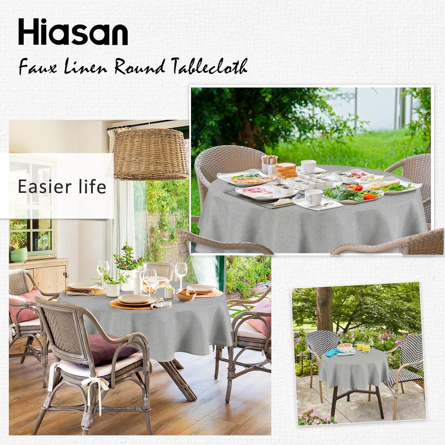 Hiasan Linen Tablecloth 40 Inch Round - Wrinkle and Stain Resistant Washable Polyester Fabric Table Cloth for Dining Room Kitchen Party, Light Grey