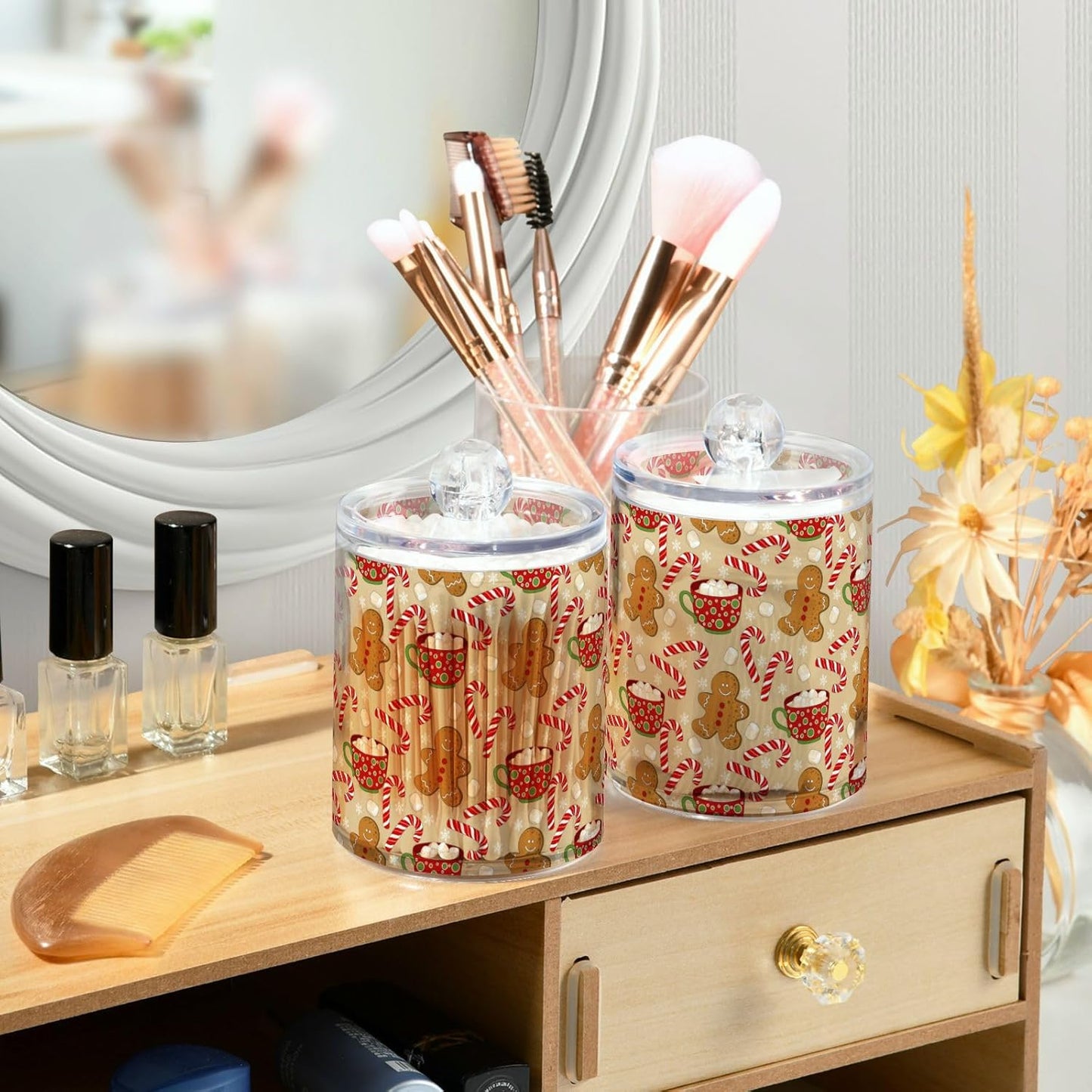 Gredecor Qtip Holder Dispenser 2 Pack Cute Gingerbread Men Snowflakes Candy Bathroom Decorative Storage Canister Holder Counter Vanity Organizer for Cotton Ball Swabs Pads Floss