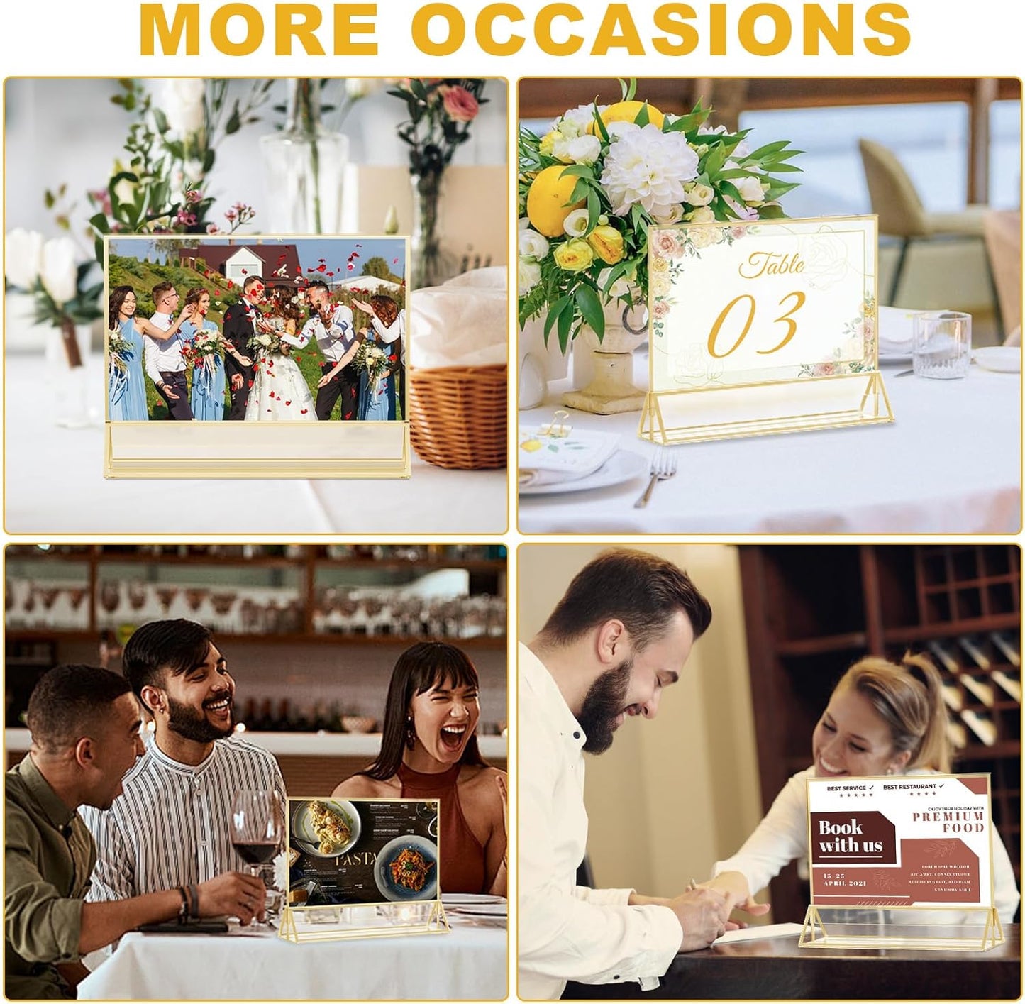 EHWINE 8 Pack Acrylic Sign Holder 8.5 x 11 Horizontal, Double-Sided Stand up Table Top Sign Holders, Gold Acrylic Picture Frame Menu Flyer Paper Holder Display Stand for Office Business Store Wedding Party