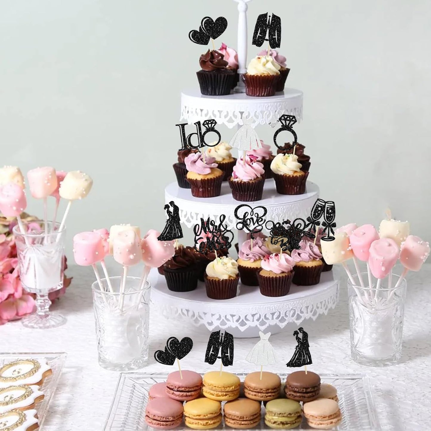 Gyufise 30Pcs Bride to Be Cupcake Toppers Glitter Diamond Ring I Do Love Cupcake Picks Miss to Mrs Bridal Shower Wedding Engagement Bachelorette Cake Decoration Black