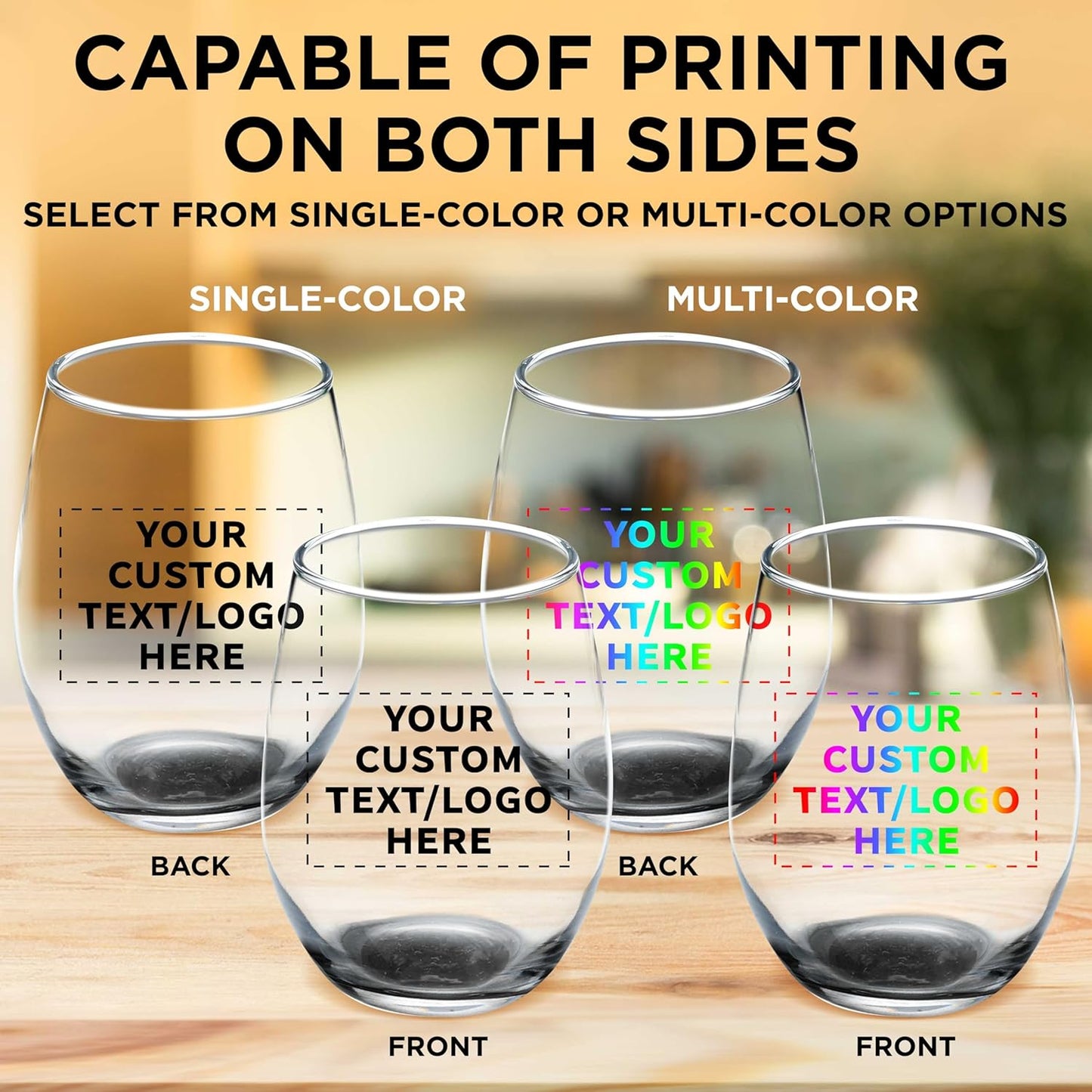 Custom Stemless Wine Glass 9 oz. Set of 50, Personalized Bulk Pack - Great for Wedding Favors, Bachelorette Party Decorations, Party Favors, Color Bottom - Black