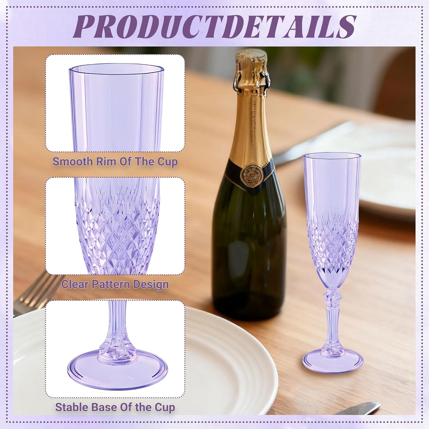 Plastic Champagne Flutes, 12PCS Purple Wine Glasses Goblets Cups Reusable Flute, for Weddings Bachelor Parties Toasting and Events(12,Purple)