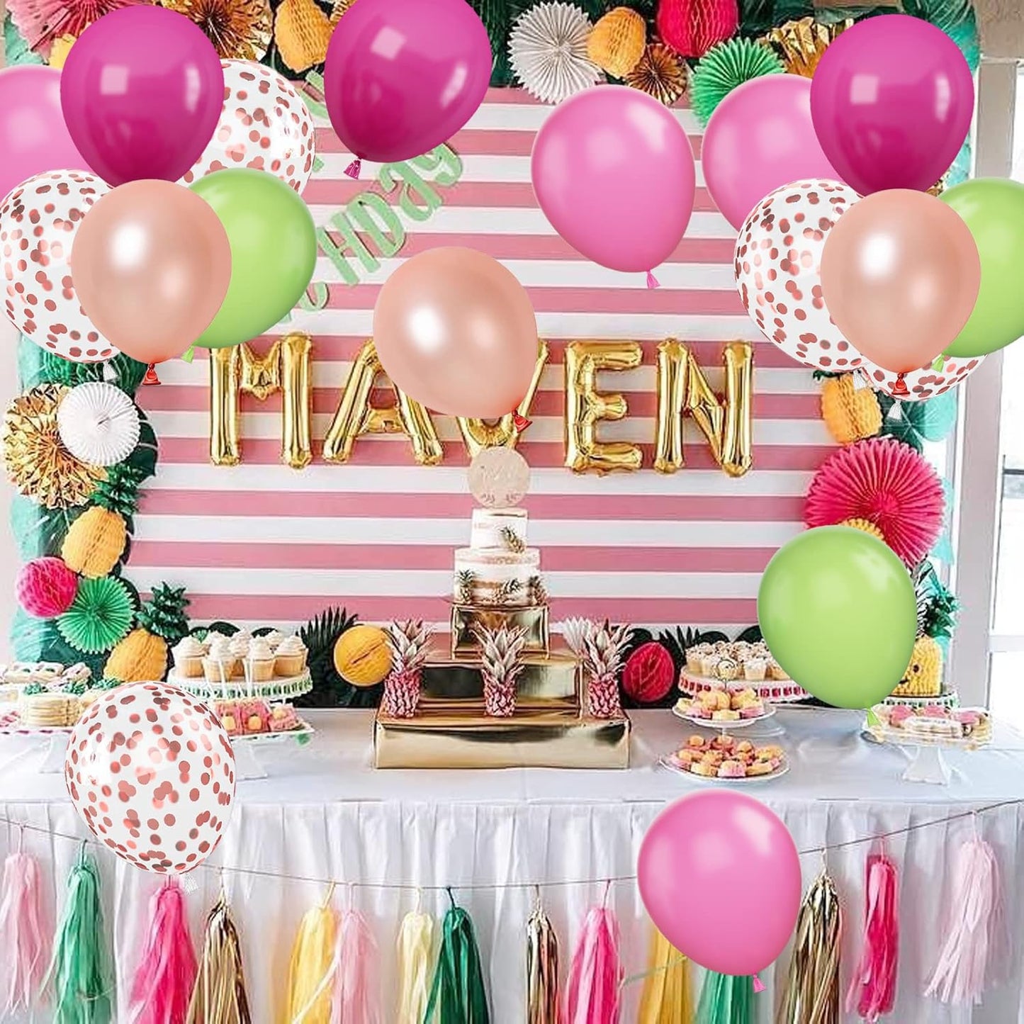Paready Tropical Party Green Pink Balloons, 60 Pcs 12 Inch Green Hot Pink Rose Gold Confetti Balloons for Hawaiian Luau Theme Party Flamingo Wild Birthday Baby Shower Wedding Decorations