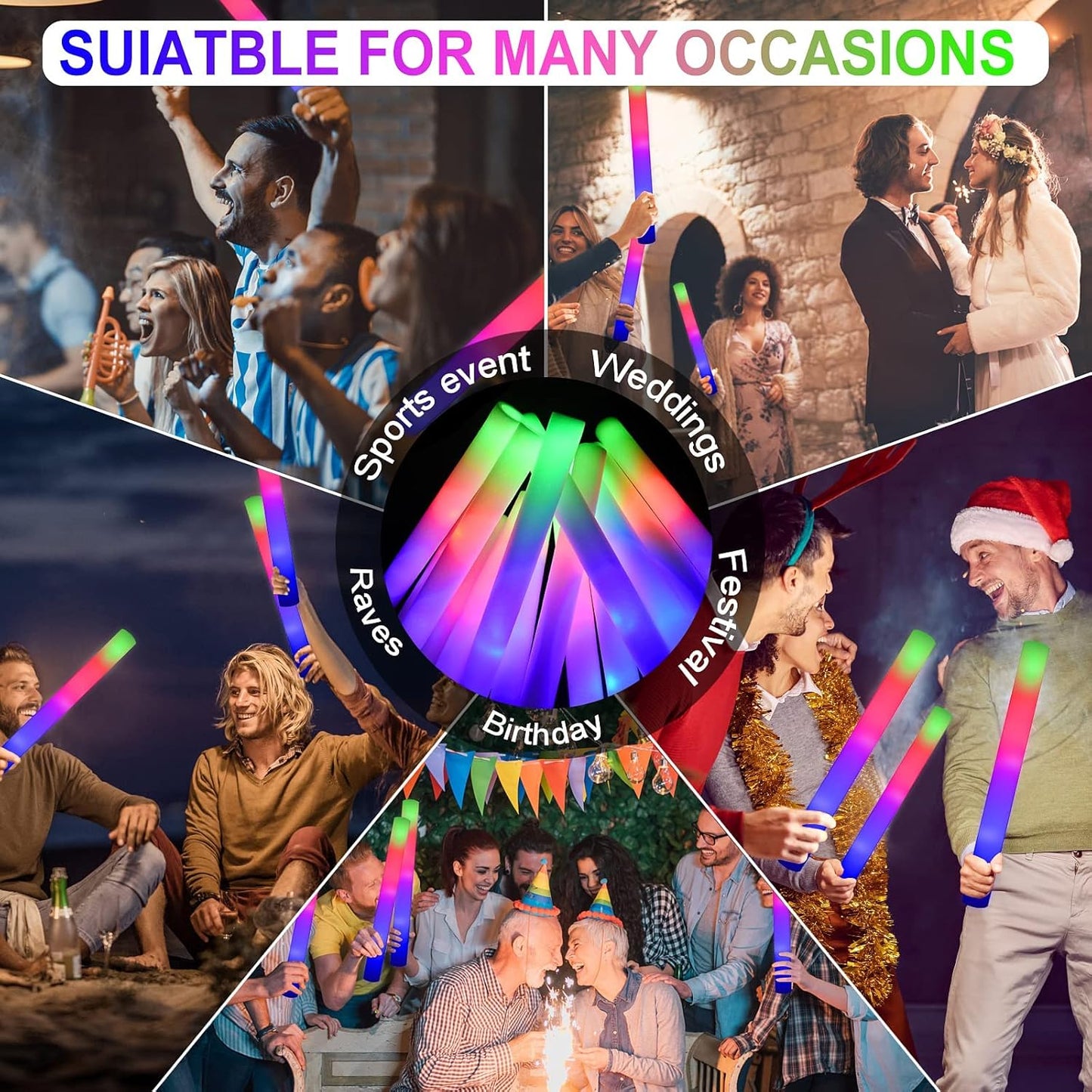 LifBetter 112 pcs Glow Foam Sticks, LED Glow Sticks 3 Modes Colorful Flashing, Foam Glow Sticks Bulk, Glow In The Dark Party Supplies for Weddings Parties Festivals Raves Concerts Sporting Events