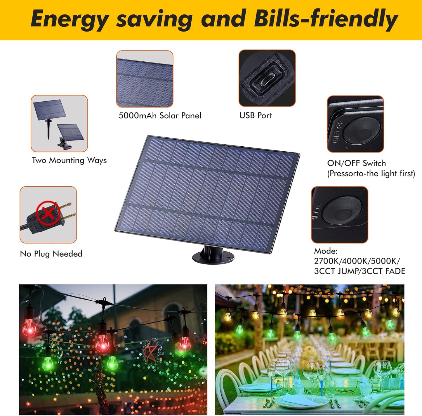 35FT Solar String Lights Outdoor, 11 Shatterproof LED Edison Bulbs, Dimmable RGB Color Changing Patio Lights with Remote. Waterproof for Garden Commercial Solar-Powered Decorative Lighting