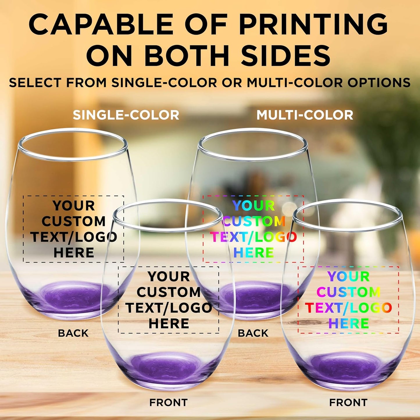 Custom Stemless Wine Glass 9 oz. Set of 100, Personalized Bulk Pack - Great for Wedding Favors, Bachelorette Party Decorations, Party Favors, Color Bottom - Purple