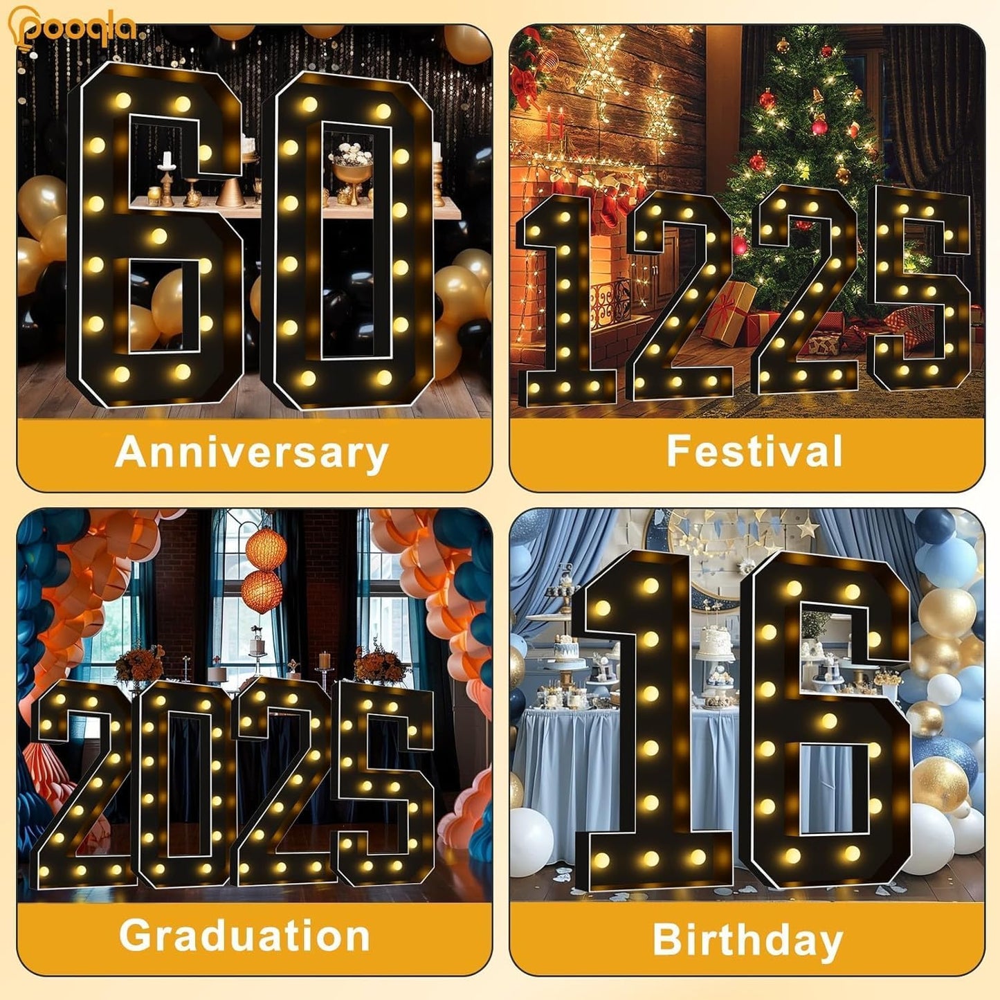 Pooqla 4 FT Light Up Marquee Numbers, Black Letter Big Mosaic Numbers 4 Feet Tall for 10th 50th Birthday, Giant Marquee Number Lights for Balloons Party Anniversary Wedding Decorations, Number 0