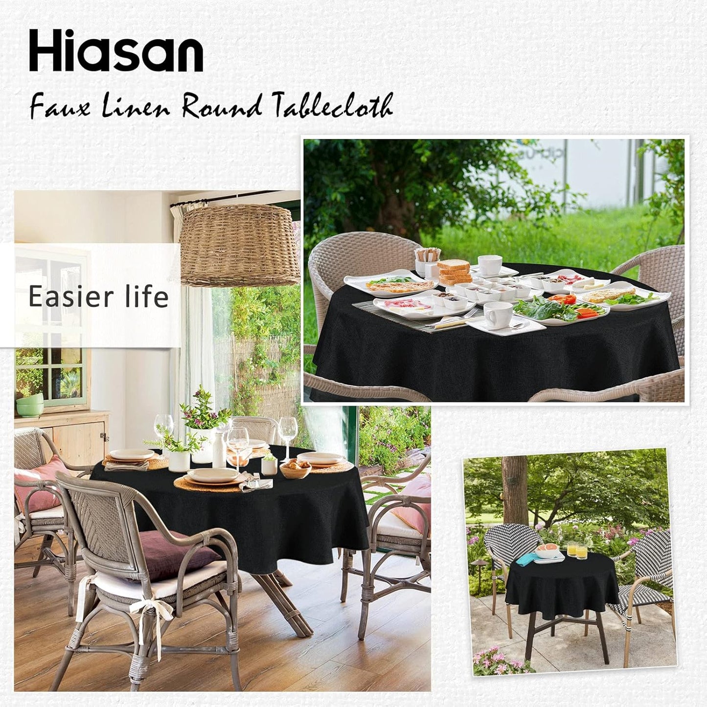Hiasan Round Linen Tablecloth 80 Inch - Wrinkle and Stain Resistant Washable Polyester Fabric Table Cloth for Dining Room Kitchen Party, Black