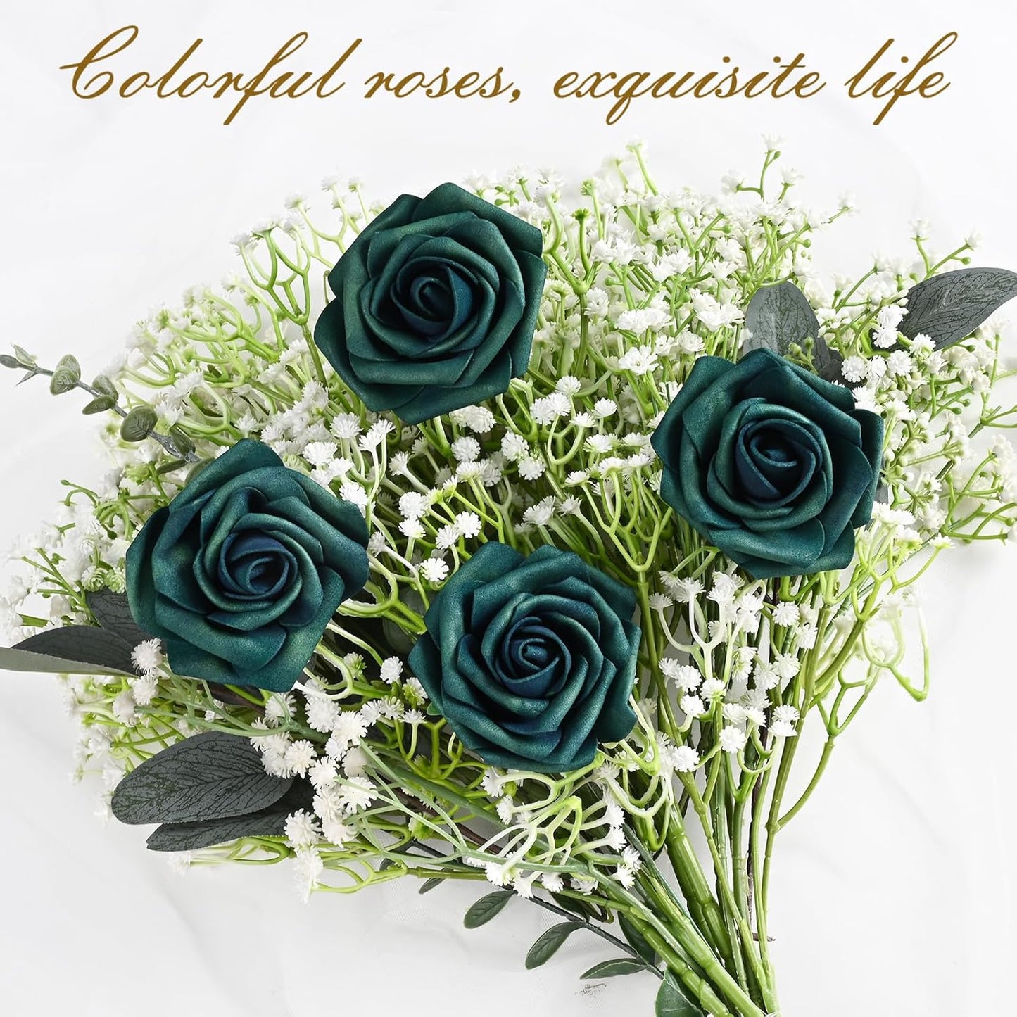 BLEUM CADE 16Pcs Artificial Flowers Fake Roses with Stems, Army Green Boxed Foam Roses for DIY Bouquets Centerpieces Wedding Party Arrangement Bridal Shower Decor