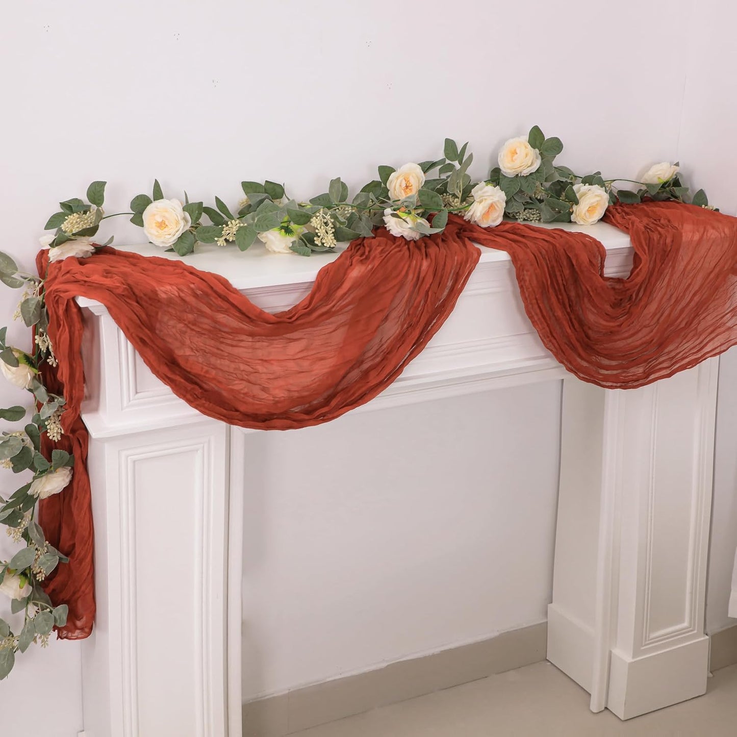 Snowkingdom 10 Ft Fall Table Runner Terracotta Cheesecloth, 120 inch Long Rust Burnt Orange Cheese Cloth Boho Gauze for Wedding Bridal Shower Rustic Sheer Thanksgiving Table Decorations