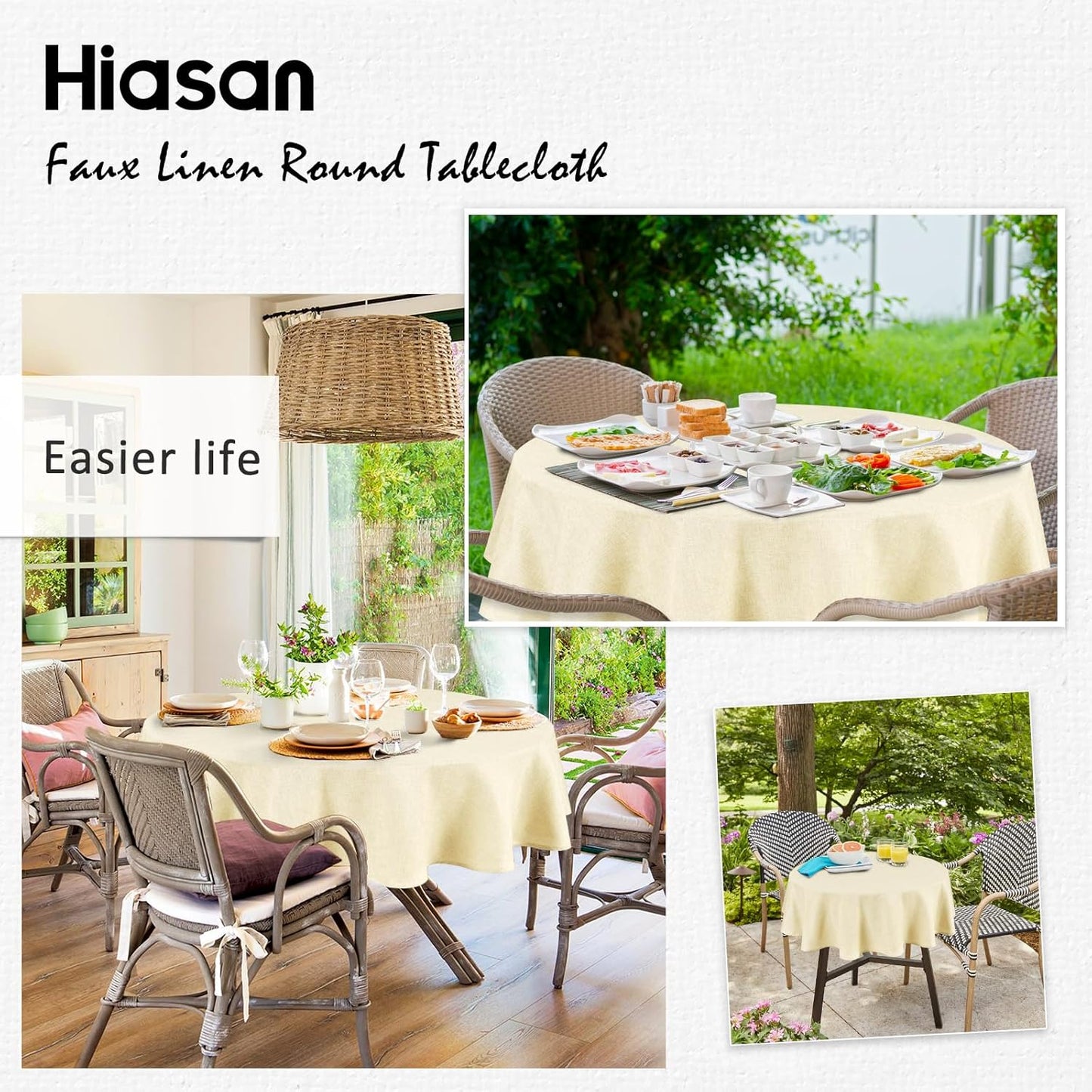 Hiasan Round Linen Tablecloth 70 Inch - Wrinkle and Stain Resistant Washable Polyester Fabric Table Cloth for Dining Room Kitchen Party, Champagne