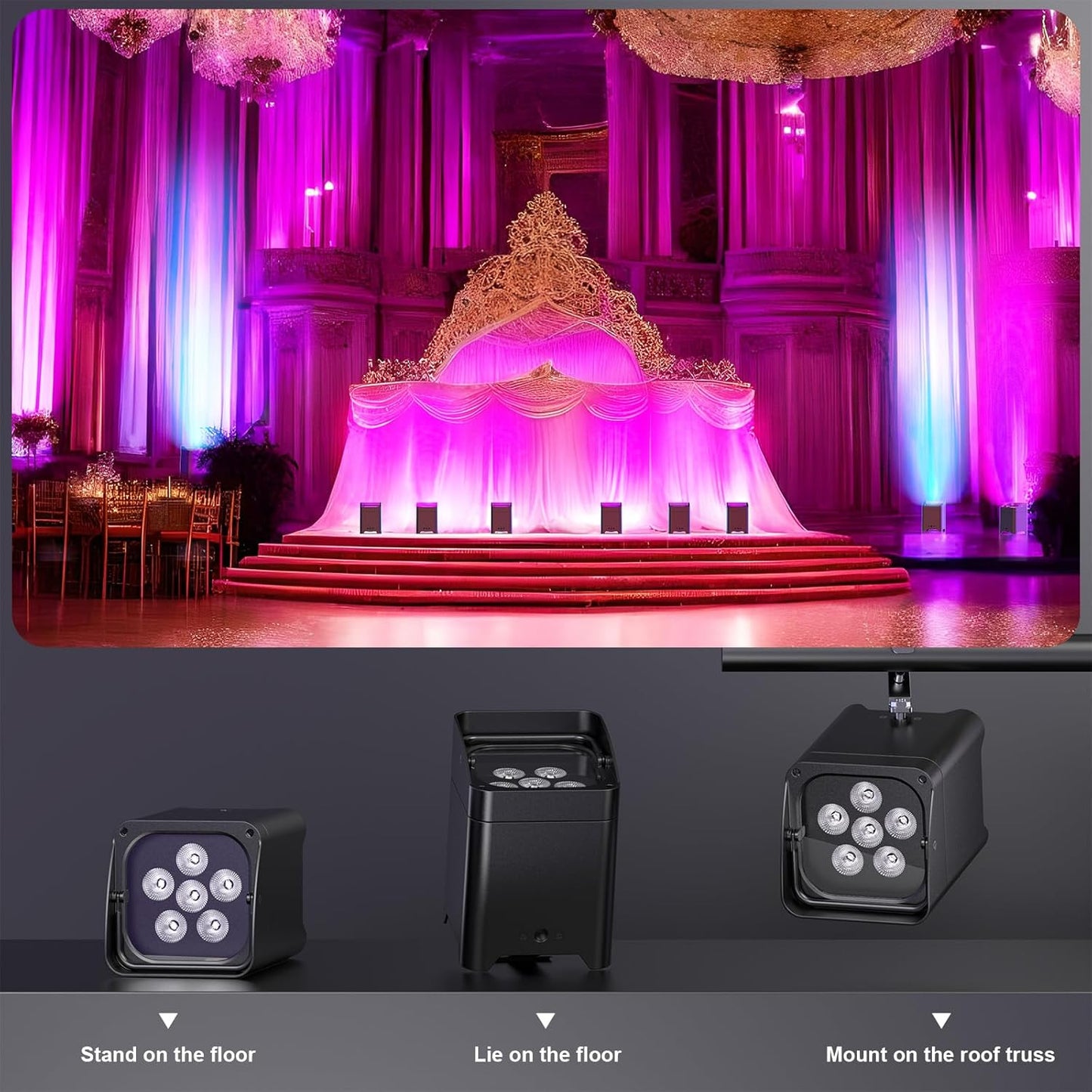 9600mAh Wireless Uplights, 6x18W RGBWA UV Stage Lights, APP/DMX512 Controlled Par Lights, Rechargeable Battery Powered Uplights for Show, 4 Pcs with Bag