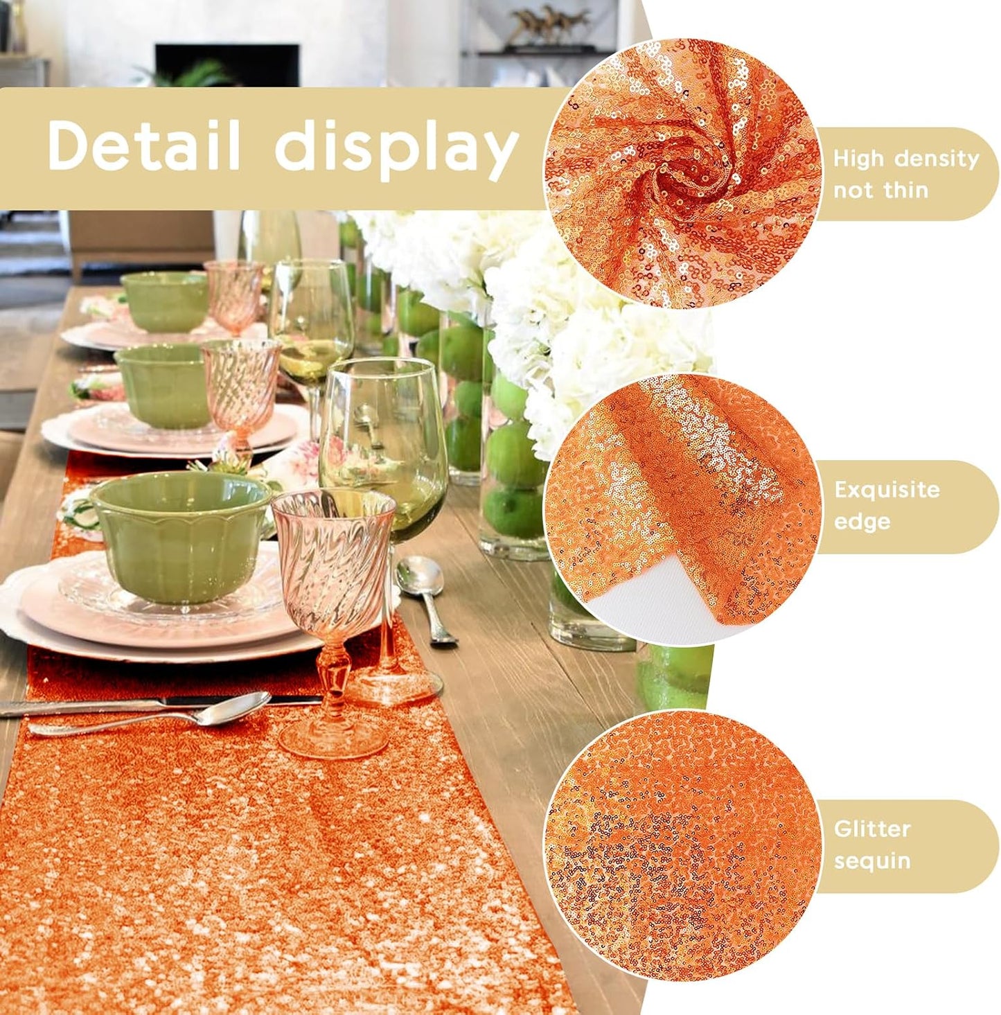 2 Packs 12 x 72 inches Sequin Table Runner, Orange Glitter Table Runner for Birthday Party Supplies Wedding Engagement Baby Shower Holiday Celebration Event Decorations