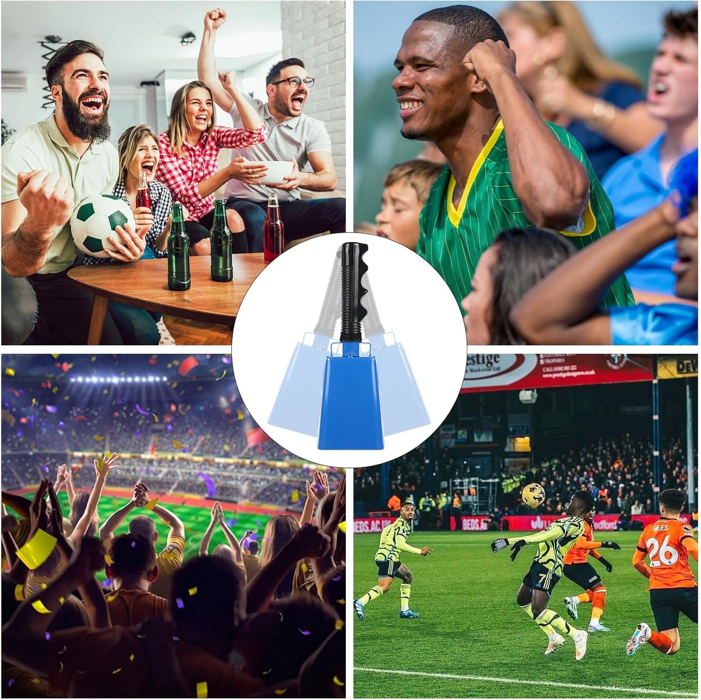 Cow Bells Noise Makers with Handle: Cowbells Hand Percussion for Sporting Events with Wrist Strap - 2pcs 8 Inch Large Loud Cheering Bell for Football Games Graduation (Blue)