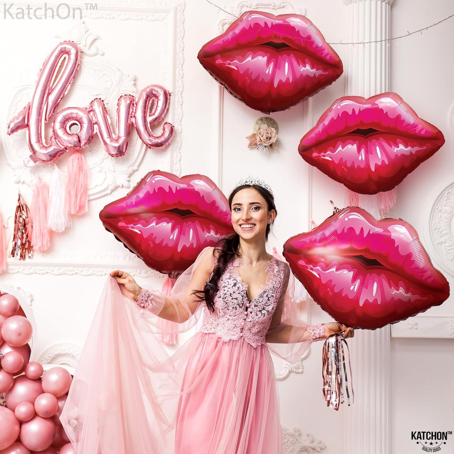 KatchOn, Huge Red Lip Foil Balloon - 30 Inch, Pack of 4 | Cute Kiss Balloons for Lips Balloon Decorations | Valentines Balloons | Galentines Day Decorations