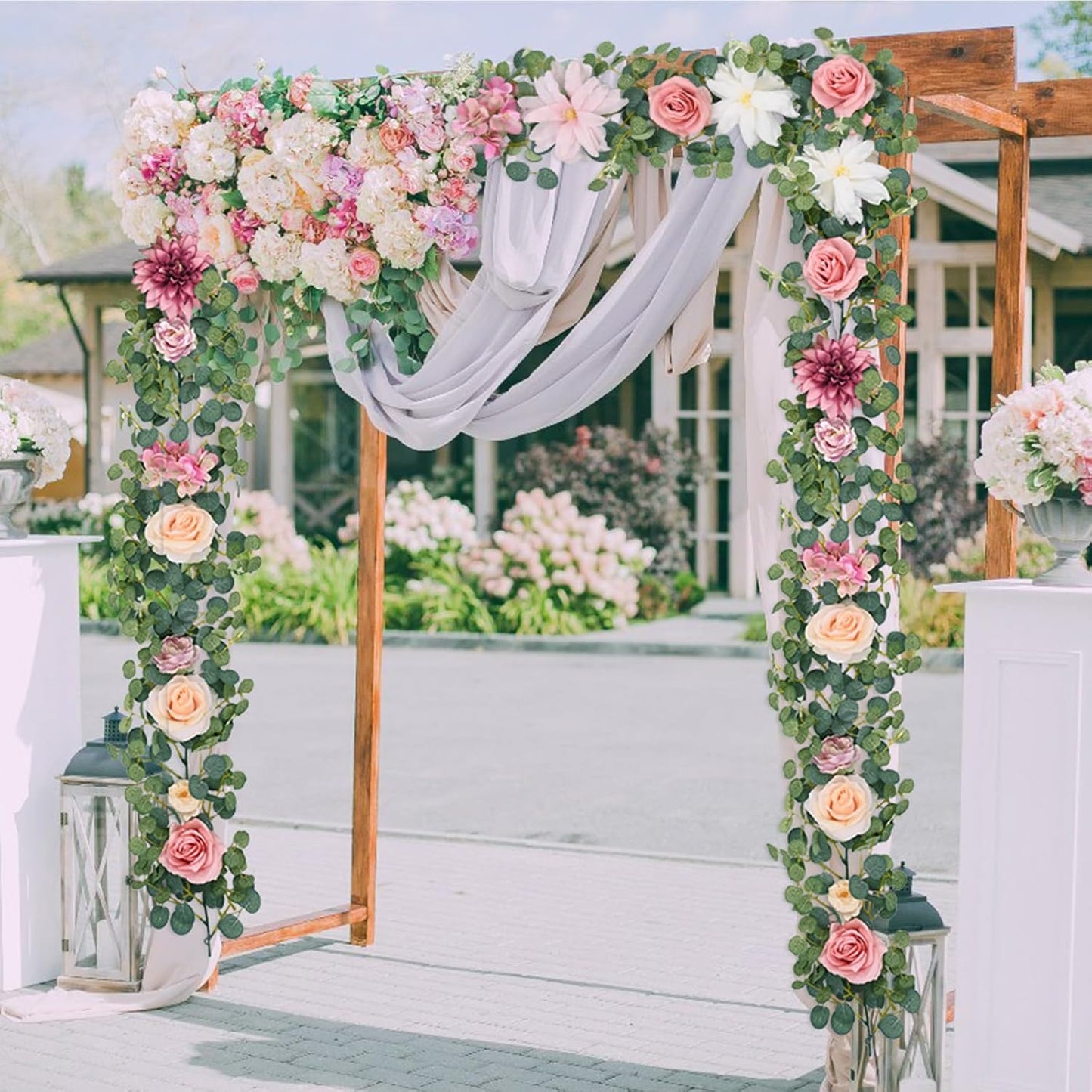 Waipfaru 8.85Ft Flower Garland, Eucalyptus Greenery Garland with Flowers, Pink Rose Floral Vines for Wedding Reception Table Mantle Room Spring Summer Decor (Pink)