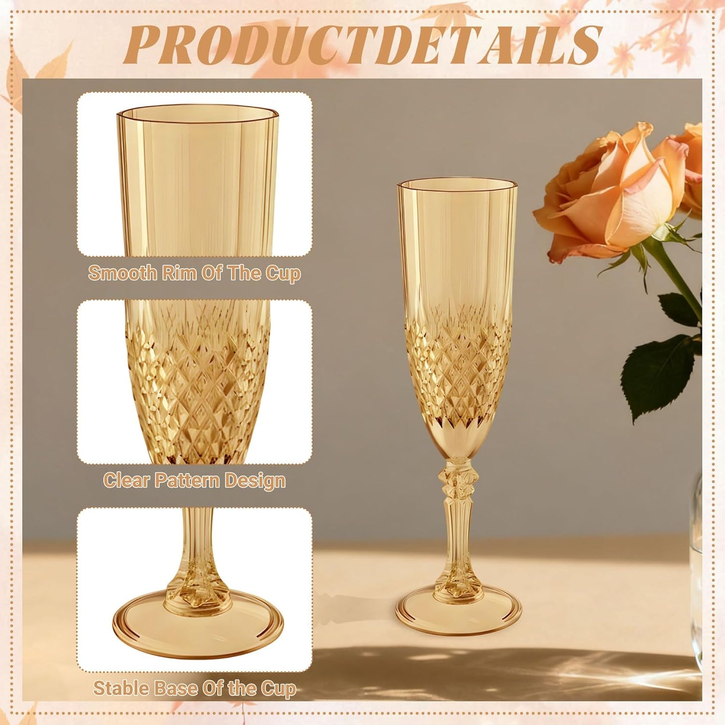 Plastic Champagne Flutes, 12PCS Gold Wine Glasses Goblets Cups Reusable Flute, for Weddings Bachelor Parties Toasting and Events(12, Gold)