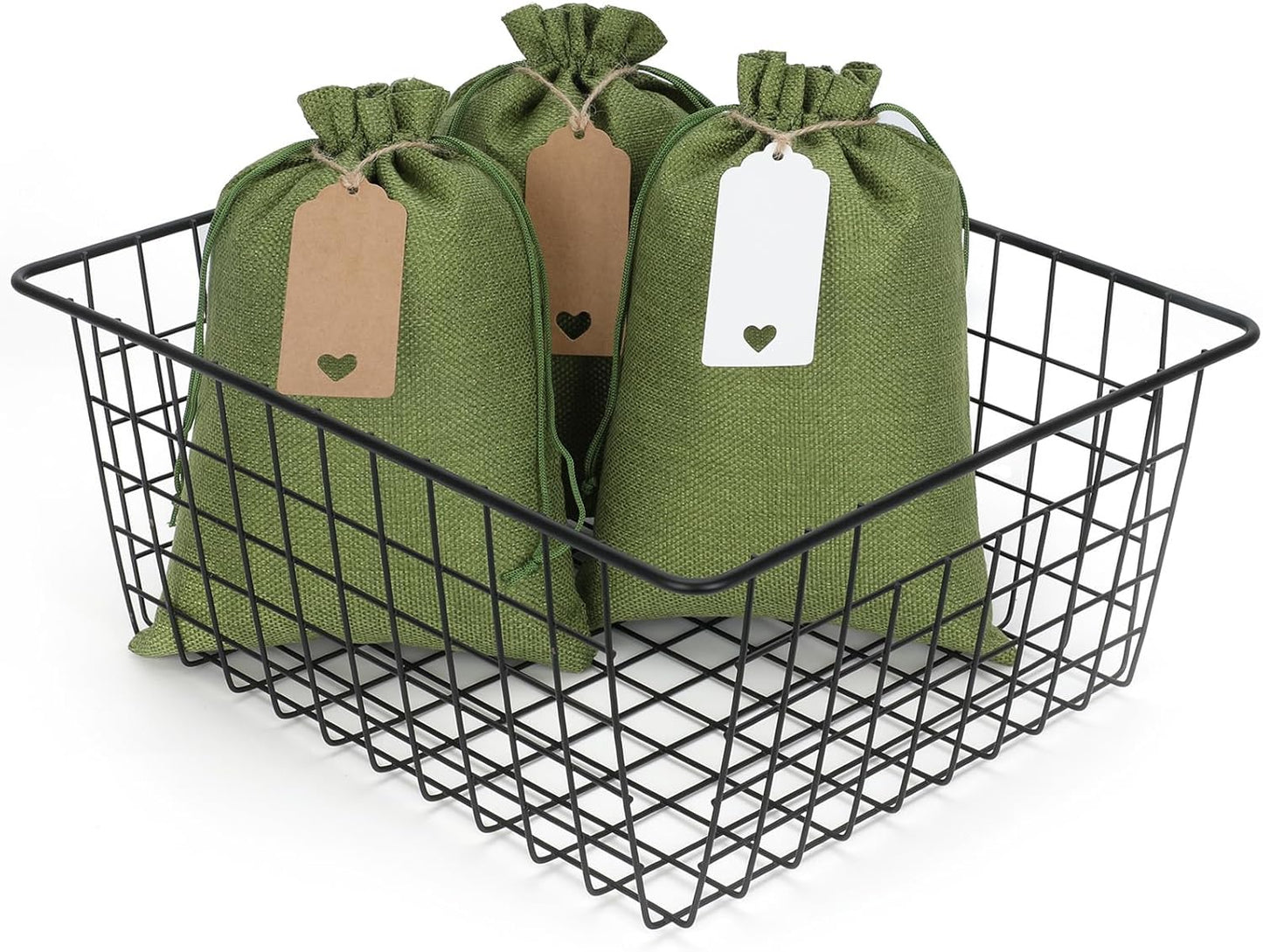 Tapleap Gift Bags - 30Pcs 7x10 Green Burlap Sacks with Tags and String for Wrapping Halloween Gifts, Wooden Cross, For Birthday, Wedding, Party, Church