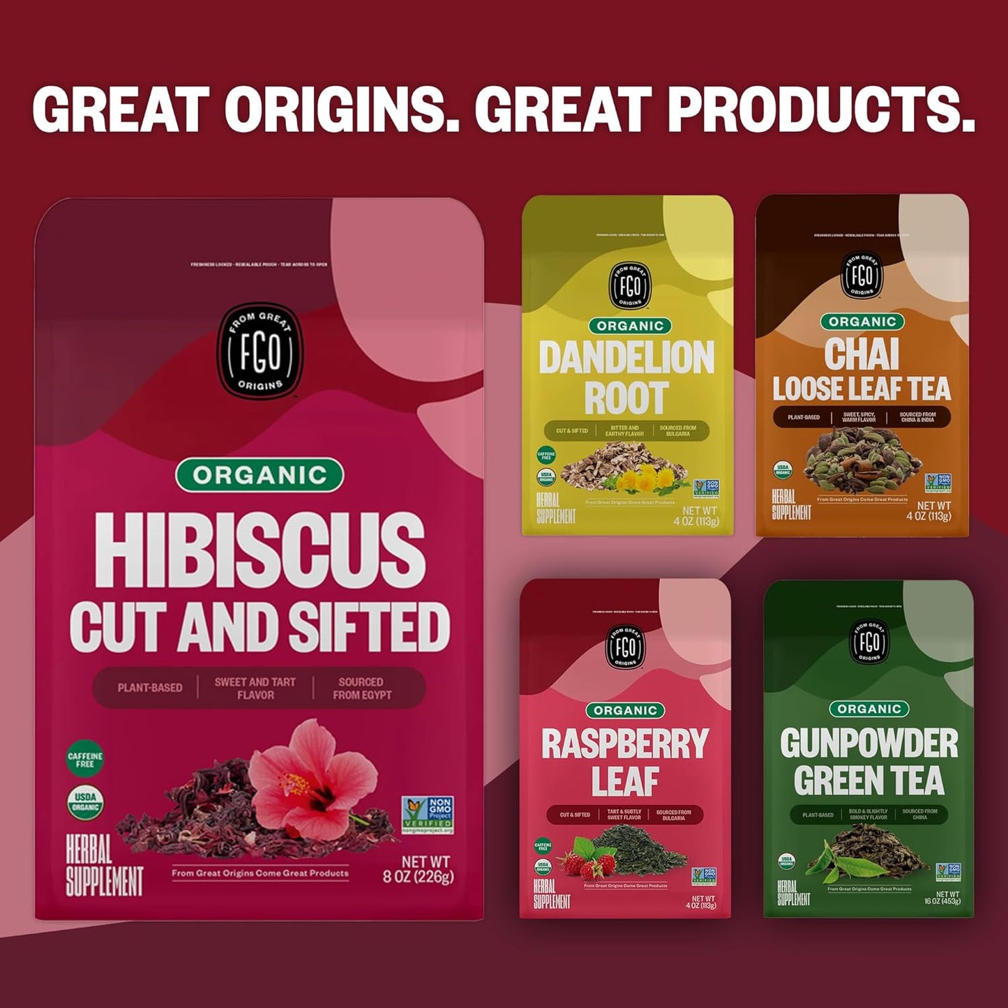 FGO Organic Hibiscus Flowers, Cut and Sifted, 16oz Bulk Resealable Bag, Packaging May Vary (Pack of 1)