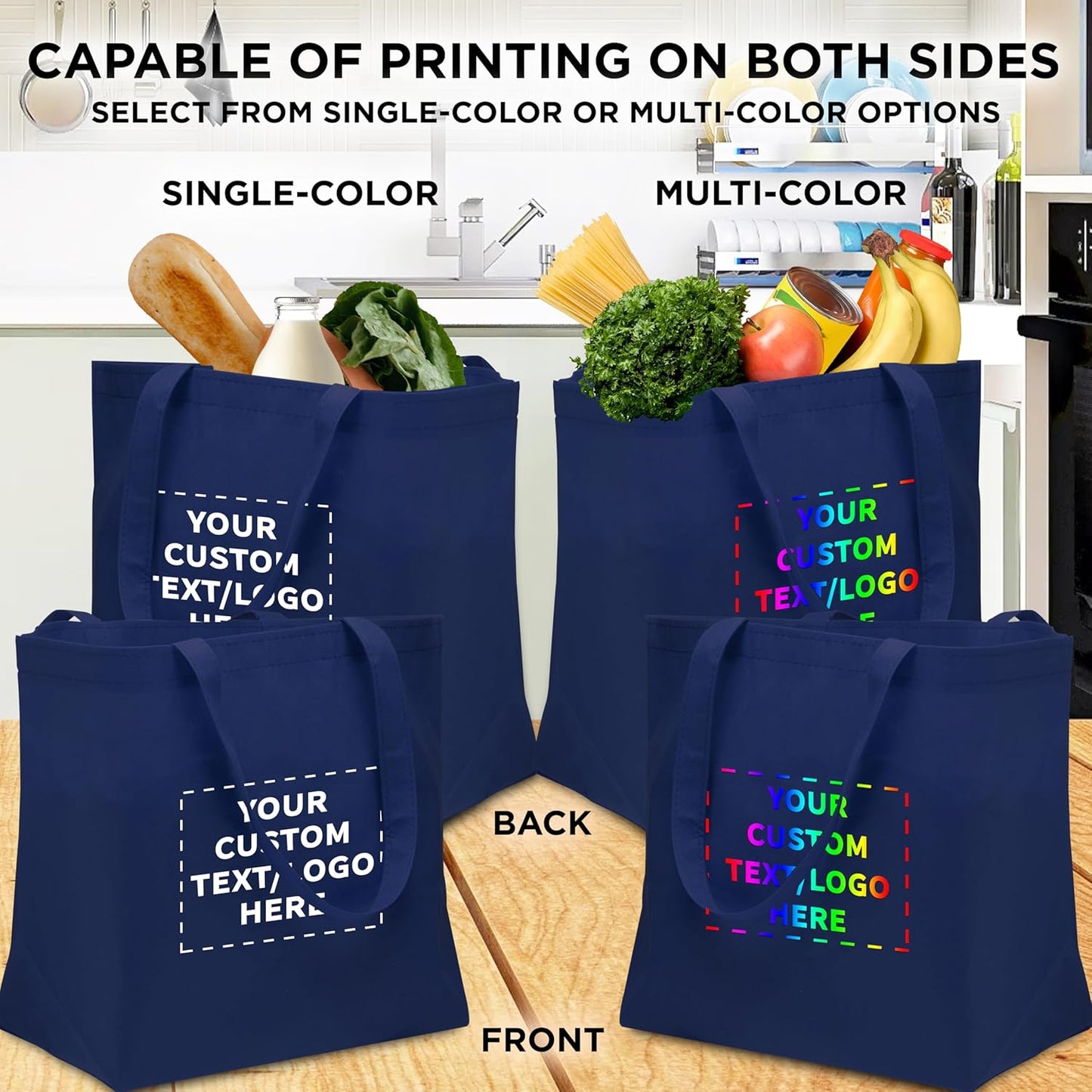 DISCOUNT PROMOS Custom Southern Style Grocery Tote Bags Set of 50 - Personalized Bulk Pack, Reusable Grocery & Shopping Bags - Great for Travel, Business Promotions - Navy Blue - 20"X13"X8"