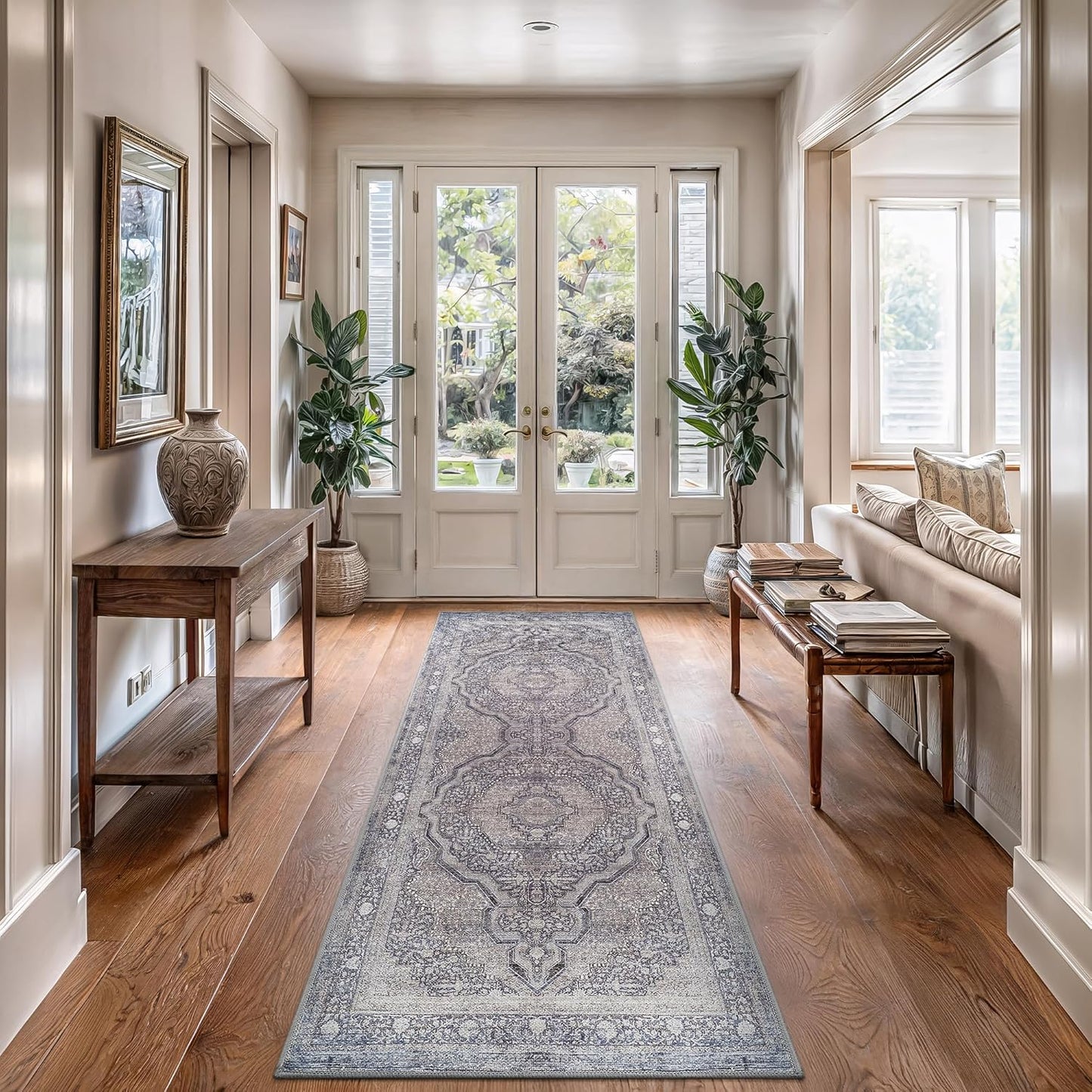 Bloom Rugs Washable Non-Slip 10 ft Runner - Blue/Steel Gray/Beige Traditional Medallion Runner for Entryway, Hallway, Bathroom, and Kitchen - Exact Size: 2.5' x 10'