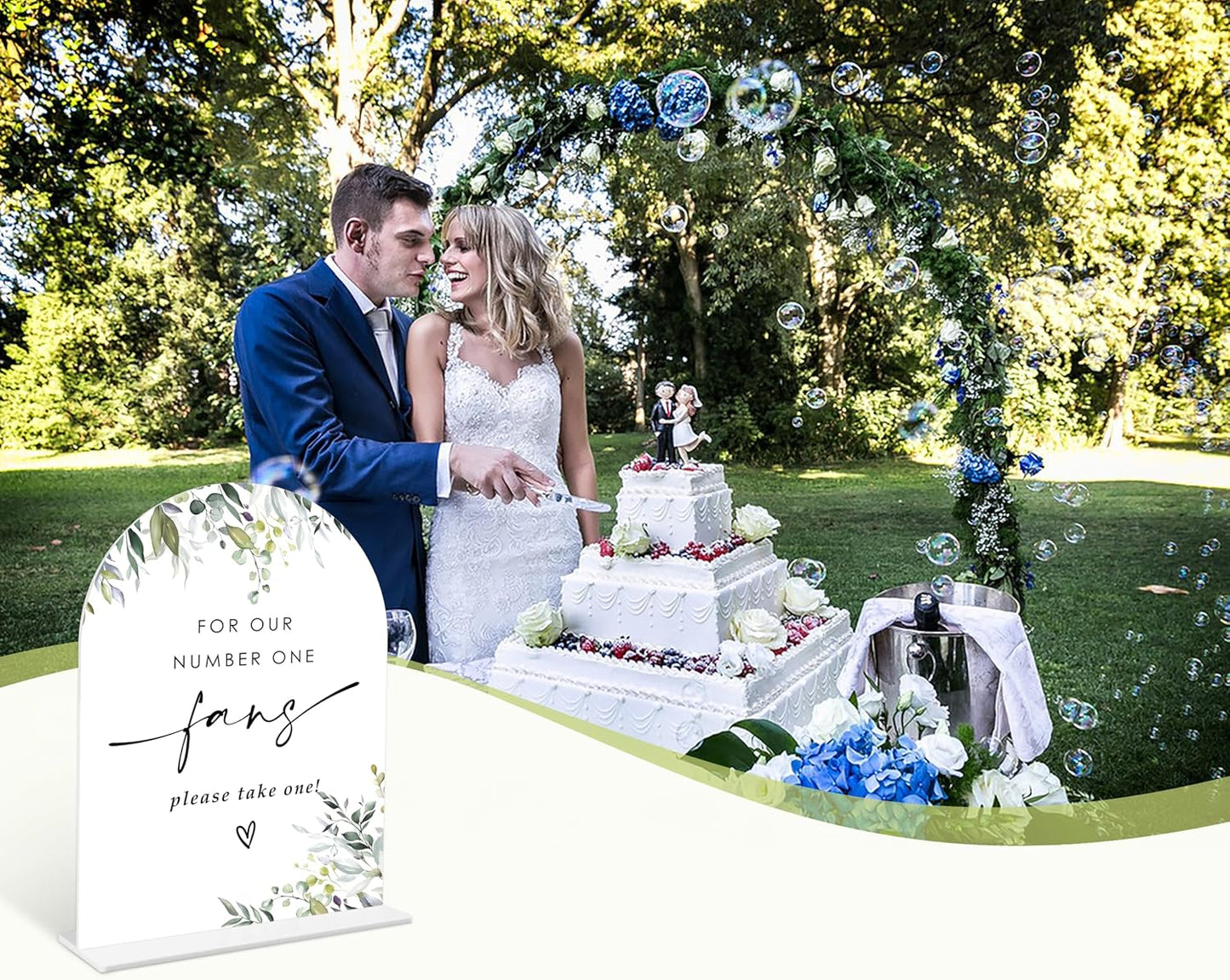 Greenery Wedding Fan Sign, 6 x 8 Inch White Arch Acrylic Wedding Sign with Holder, Wedding Sign for Ceremony and Reception, Wedding Decoration, Wedding Supplies - LY23