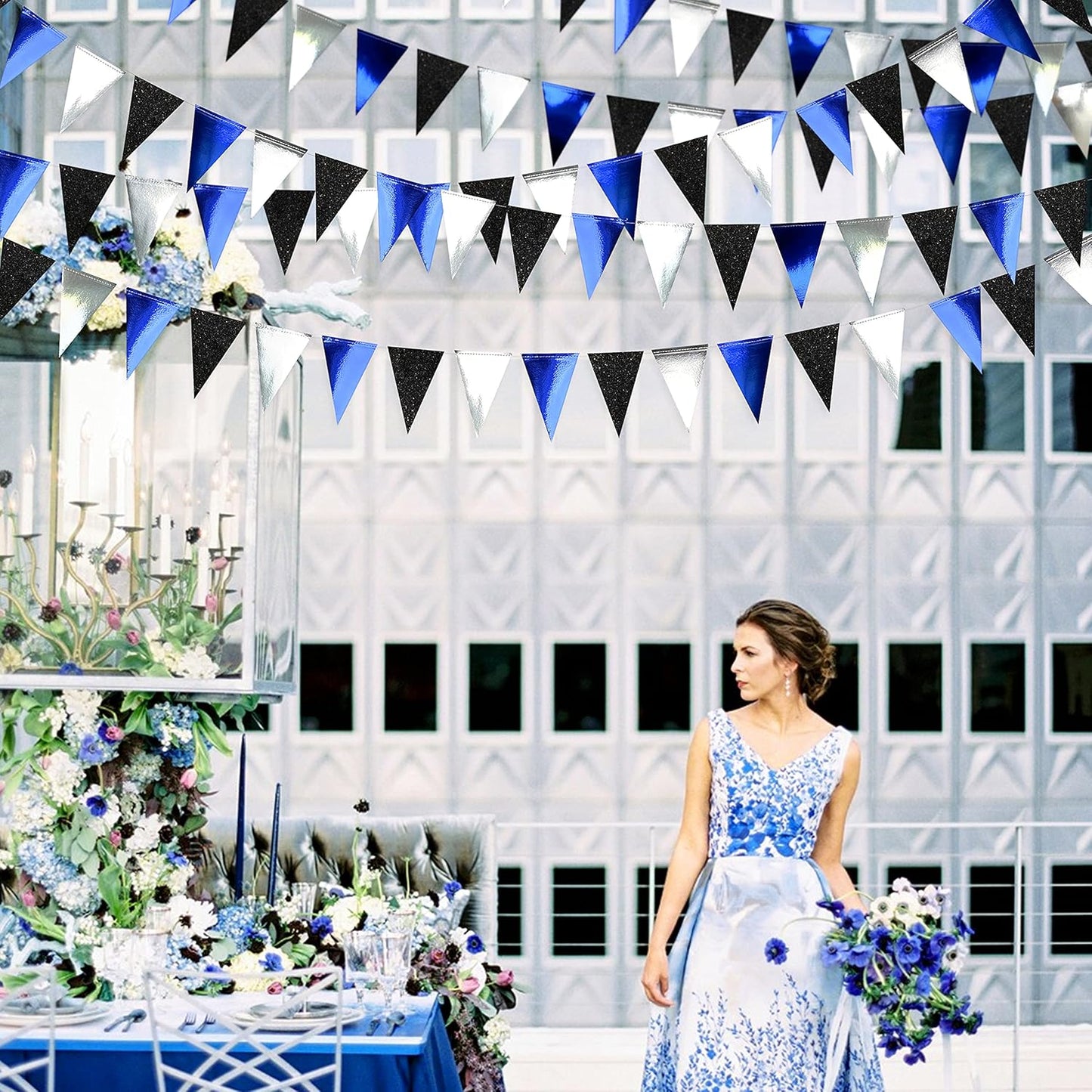30Ft Navy Blue Black and Silver Party Decorations Royal Blue Triangle Flag Pennant Banner Bunting for Graduation Birthday Wedding Bridal Shower Nautical Ahoy Achor Theme Party Decorations Supplies