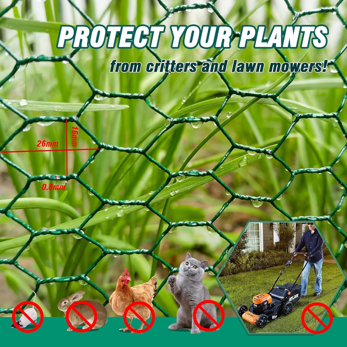 16.4Ft x16In Chicken Wire for Floral Arrangements - Free-Cut Green Metal Mesh with Hexagonal Galvanized PVC Coated Netting Guard Fence for Poultry, Garden, Plant