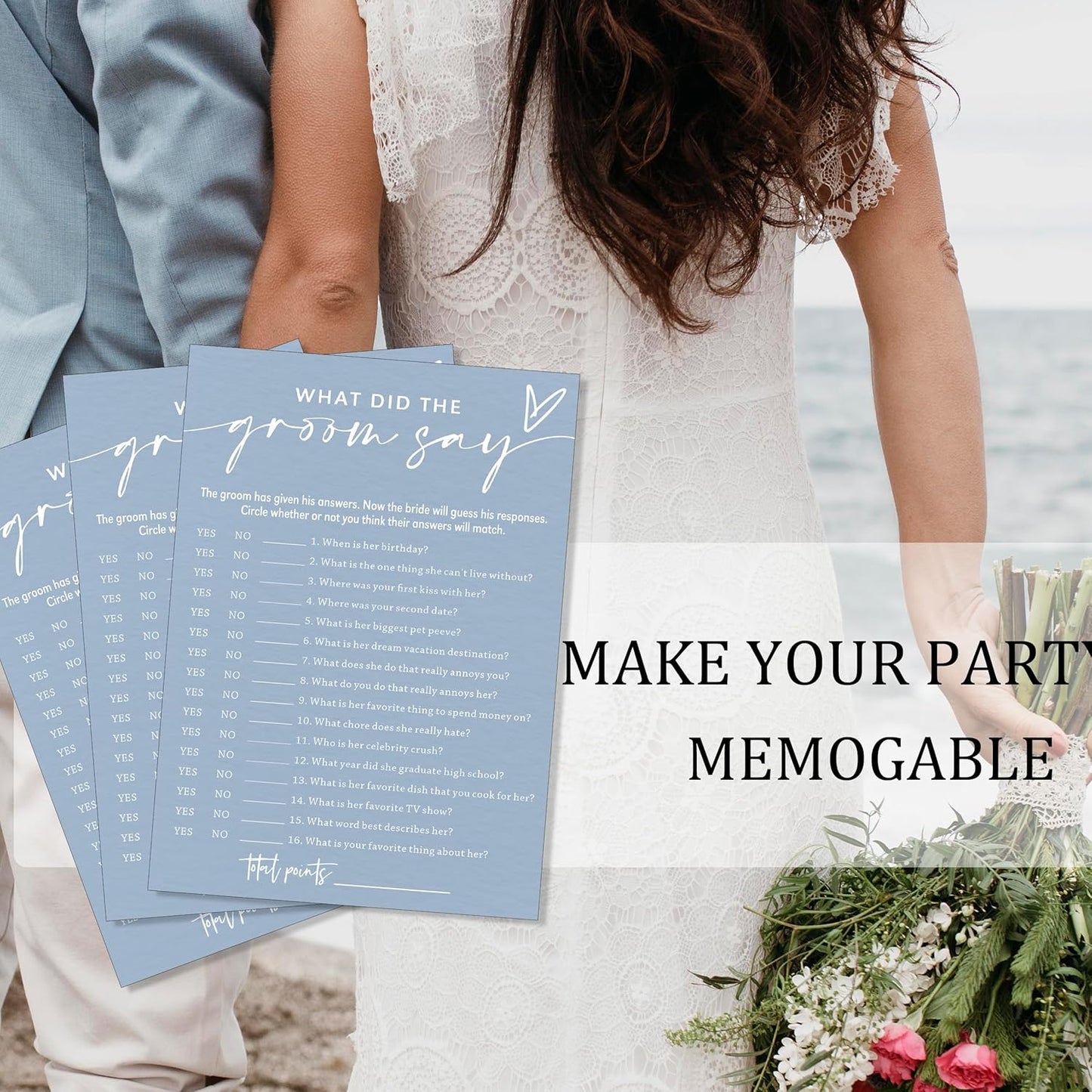 Fun Wedding Shower Games Cards, What Did the Groom Say, Bridal Shower Games for 25 Guests, Engagement Party Wedding Game Cards (5 × 7 Inch), Minimalist Blue Newlywed Party Gift & Supplies - B12
