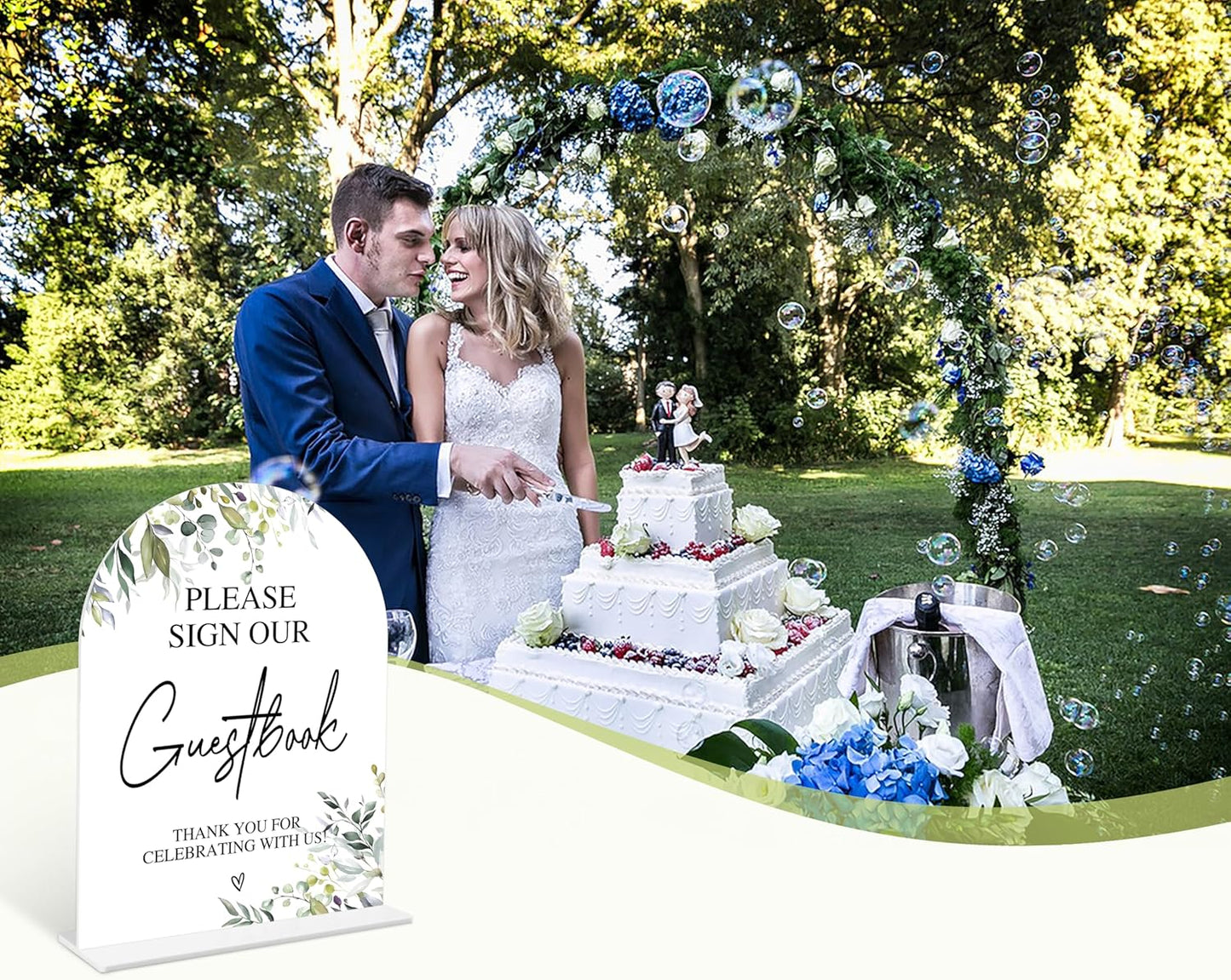 Greenery Please Sign Our Guestbook Sign, 6 x 8 Inch White Arch Acrylic Wedding Sign with Holder, Wedding Sign for Ceremony and Reception, Wedding Decoration, Wedding Supplies - LY02