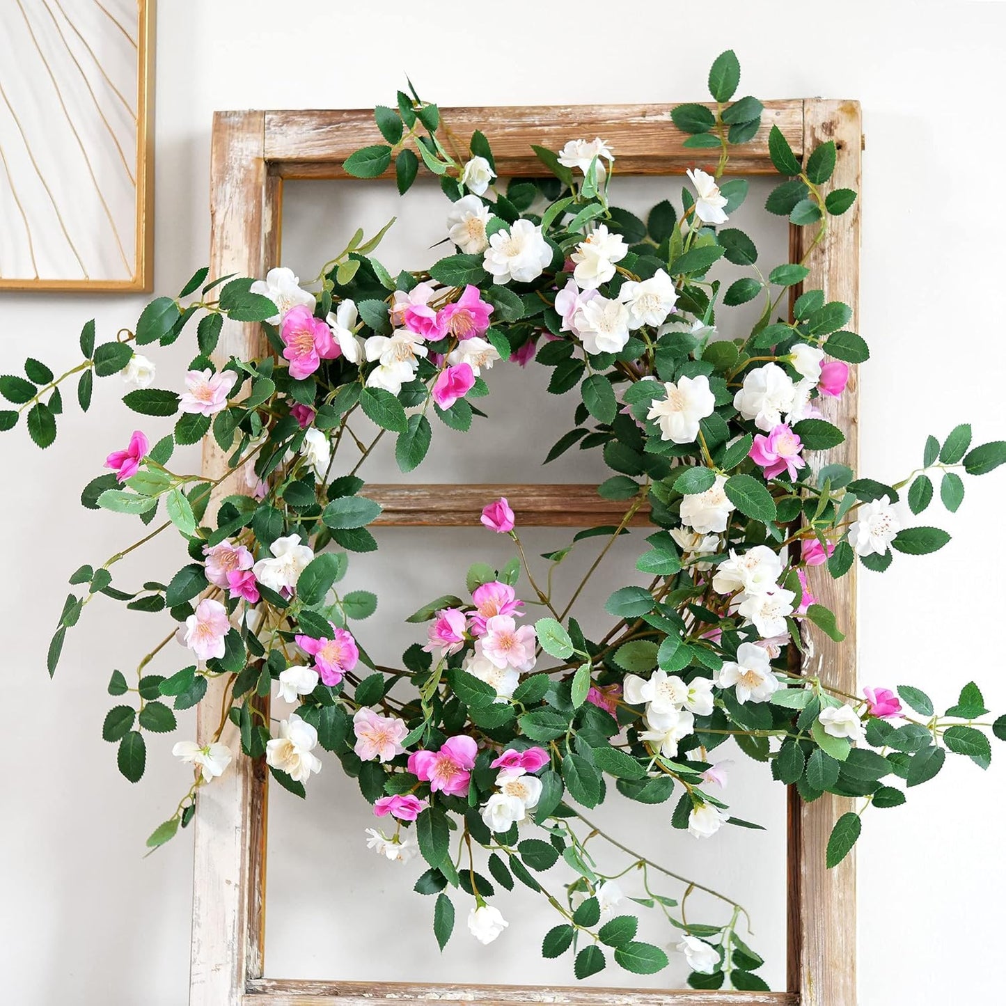 FiveSeasonStuff Bendable Shabby Chic White Flower Garlands, Artificial Silk Wild Roses Vine Leaves Hanging Flowers for Wall Decoration Basket Trellis Wedding Home 2 Pack 12 ft