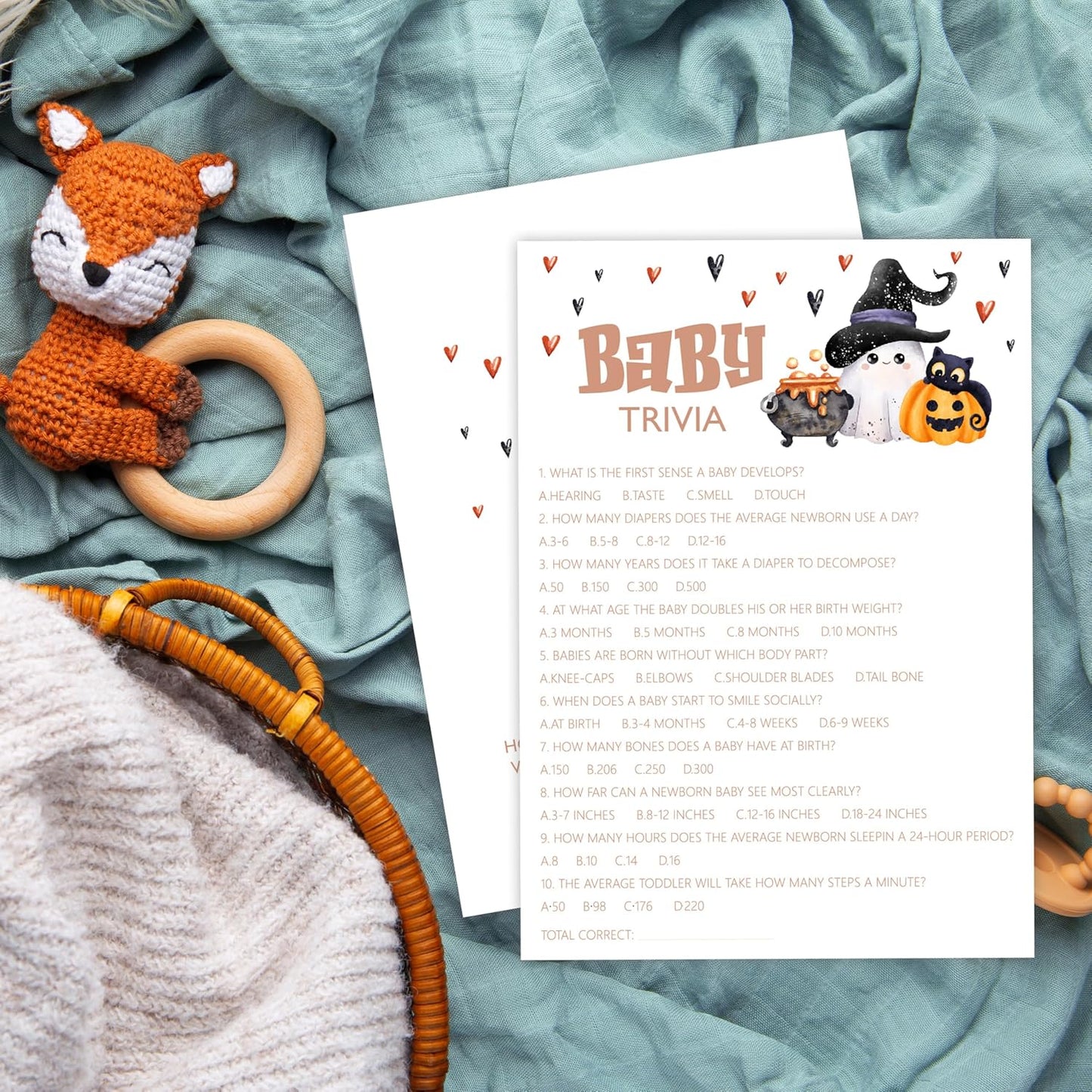 Baby Shower Games, Halloween Baby Trivia, 25 Double-Sided Game Cards + 1 Answer Card for Gender Reveal Party Decorations Supplies Announcement - B05