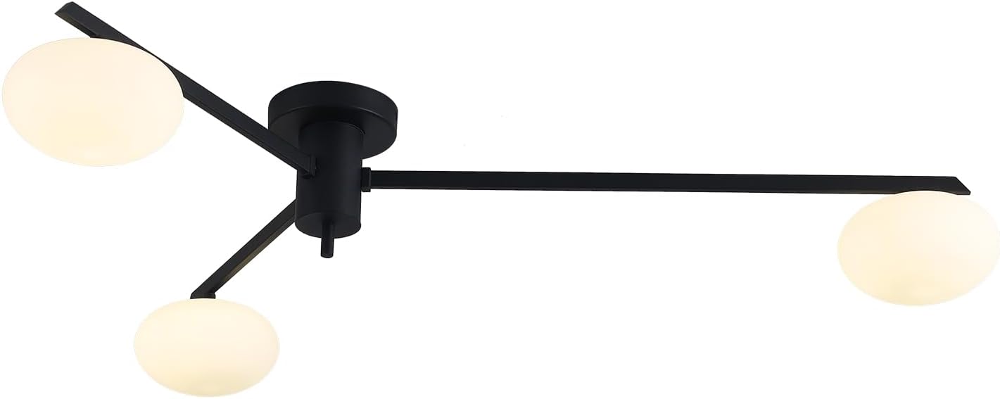 3-Light Modern Sputnik Chandelier with Milk Glass Shade - Black Flush Mount Ceiling Light for Kitchen