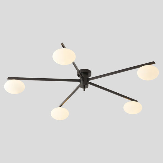 5 Lights Mid Century Modern Black Sputnik Semi Flush Mount Ceiling Light Vintage Glass Close to Ceiling Light Fixtures Industrial Metal Ceiling Chandelier Glass Globe Hall Light MCL05-BK
