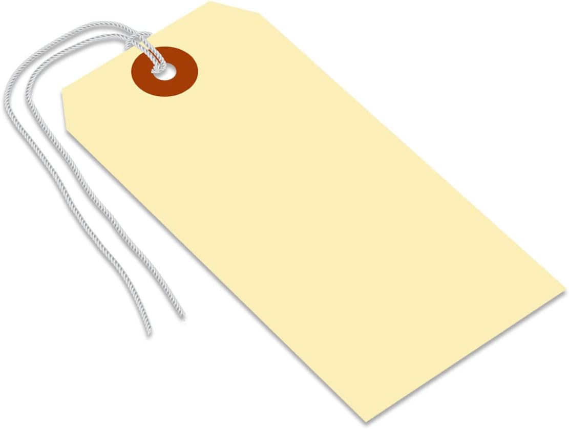 SmartSign Blank Shipping Tags with Pre-Attached Loop Strings, Size-5, Pack of 1000, 10pt Thick Manila Cardstock Tag, 4.75 x 2.375 inch Paper Hang Tags with Reinforced Fiber Patch