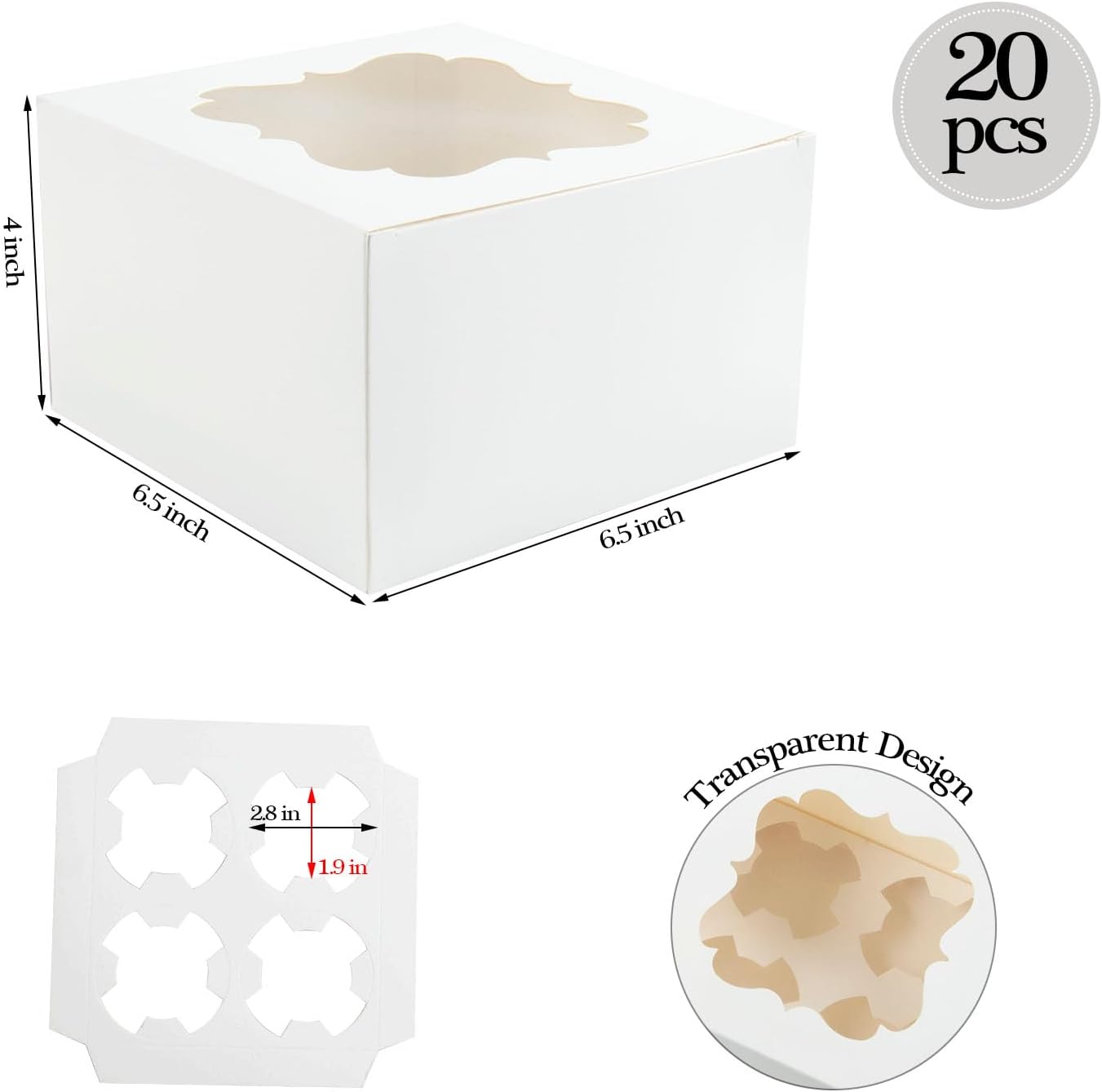 20 PCS 6.5 x 6.5 x 4 inch Paper, Cupcake Boxes with Inserts and Window Hold 4 Cupcakes, Bakery Boxes For Cupcakes Carrier, Cupcake Containers (Pink - 4 Holes)