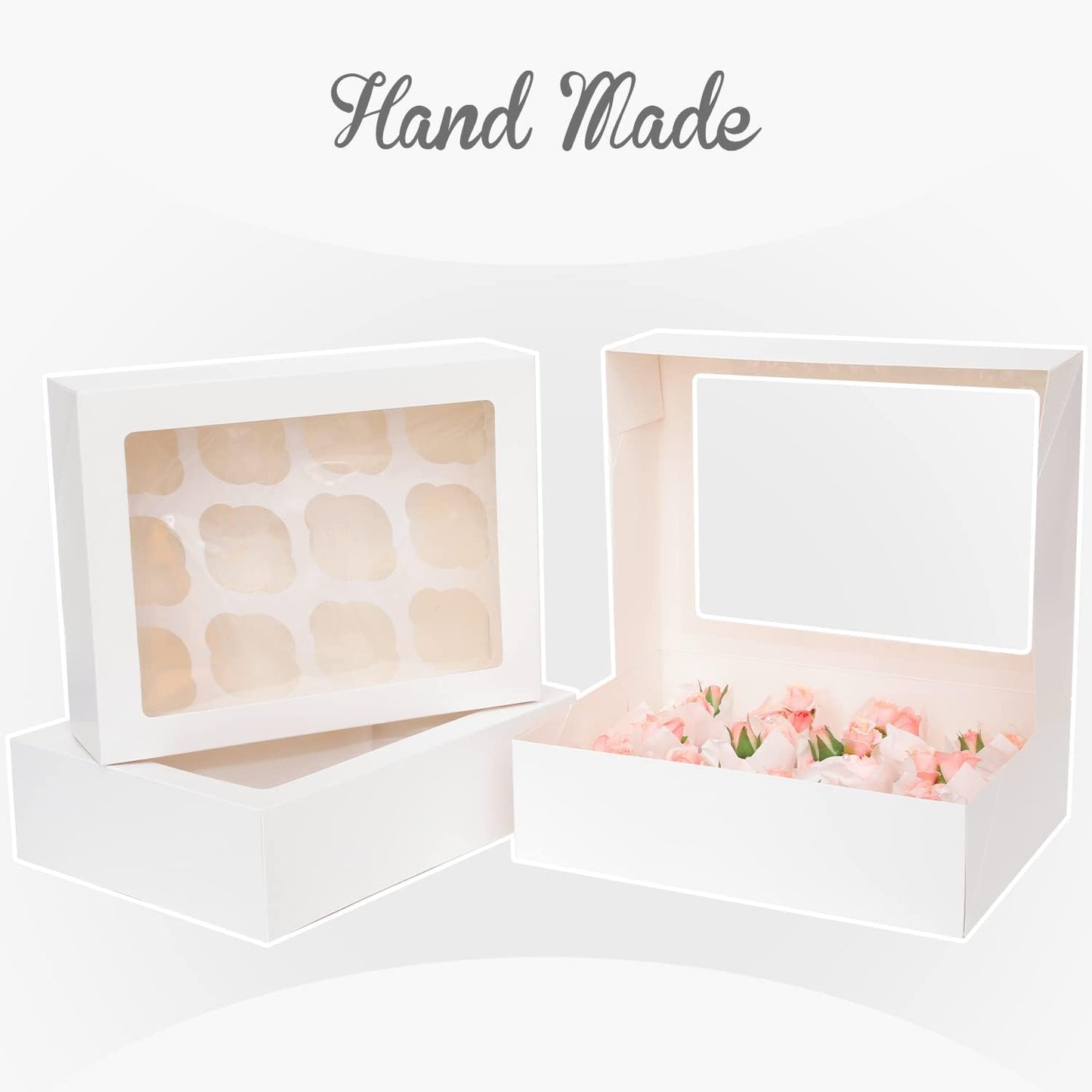 Bakepacker Auto-pop up 12 Cupcake Containers 6-Packs White Cupcakes Carrier, 12 Cupcake Boxes with Window 13"x10"x3.5"