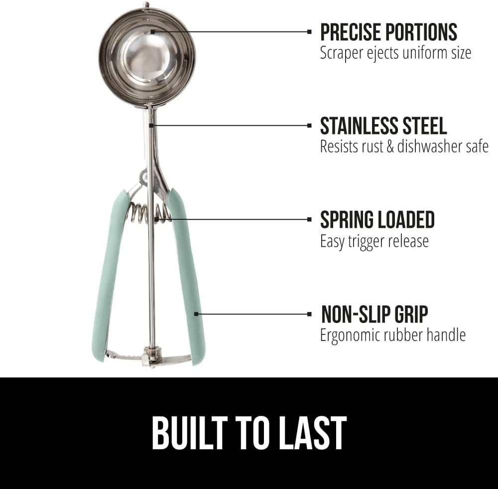 GORILLA GRIP Stainless Steel Cookie Scoop for Baking, 2 TBSP, Multipurpose Melon Baller, Meatball Spring Scoops, Perfect Portion Sizes, Easy Food Release, Scooper Size 40, BPA-Free Kitchen Tool, Mint