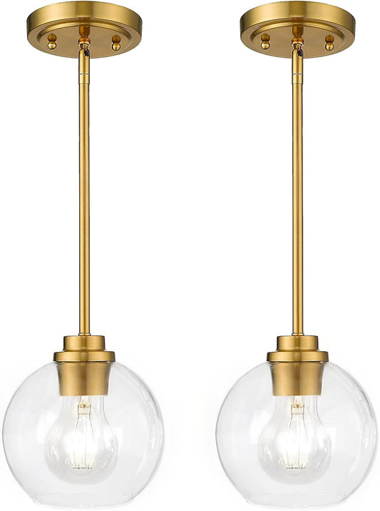 Globe Glass Pendant Lights Kitchen Island, Farmhouse Gold Pendant Lights with Clear Glass Shade,Adjustable Hanging Light Fixture for Dining Room, Entryway, Bedroom 2 Pack