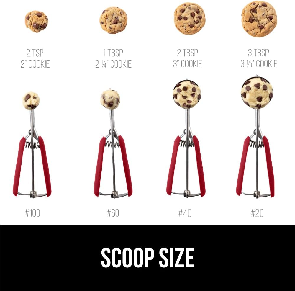 GORILLA GRIP Stainless Steel Cookie Scoop for Baking, 2 TSP, Multipurpose Melon Baller, Meatball Spring Scoops, Perfect Portion Sizes, Easy Food Release, Scooper Size 100, BPA-Free Kitchen Tool, Red