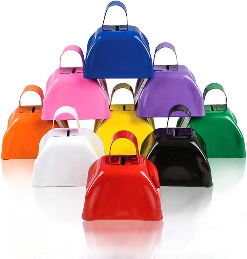 ArtCreativity 3 Inch Metal Cow Bell Noise Maker - Pack of 12 - Small Loud Metal Cowbell Noisemaker with Handle - Great for Football Games, Sporting Events, Weddings, New Year’s - Kids and Adults Prize