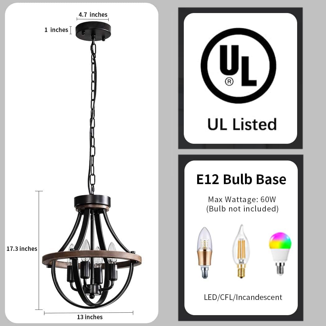 Farmhouse Chandelier, Modern Hanging Pendant Lighting, 4-Light Rustic Ceiling Light Fixture, Vintage Chandelier for Hallway Foyer Dining Room Entryway Kitchen Island Bedroom