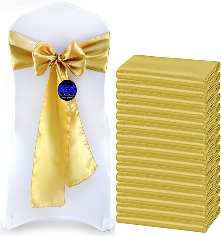 MDS Pack of 10 PCS Satin Chair Sashes Charmeuse Sateen Dining Chair Bows Ribbon Ties Back Sash for Wedding Party Birthday Home Hotel Restaurant Banquet Decoration (7 x 108 Inch, Gold)