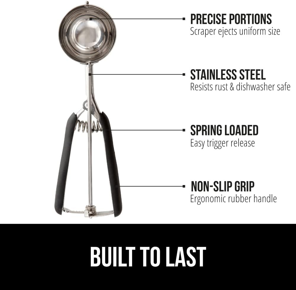GORILLA GRIP Stainless Steel Multipurpose BPA-Free Spring Scoop, 3 Pack Includes 1, 2, and 3 TBSP SIzes, Melon Ballers Scoops, Perfect Portion Sizes, Easy Squeeze, Clean Release, Black