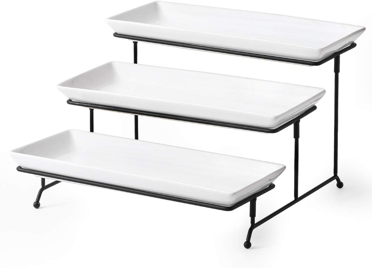 YHOSSEUN 3 Tier Serving Stand Tiered Tray Stand with 3 Porcelain Serving Platters Trays for Dessert Server Display Collapsible Sturdier Metal Rack 14 inch